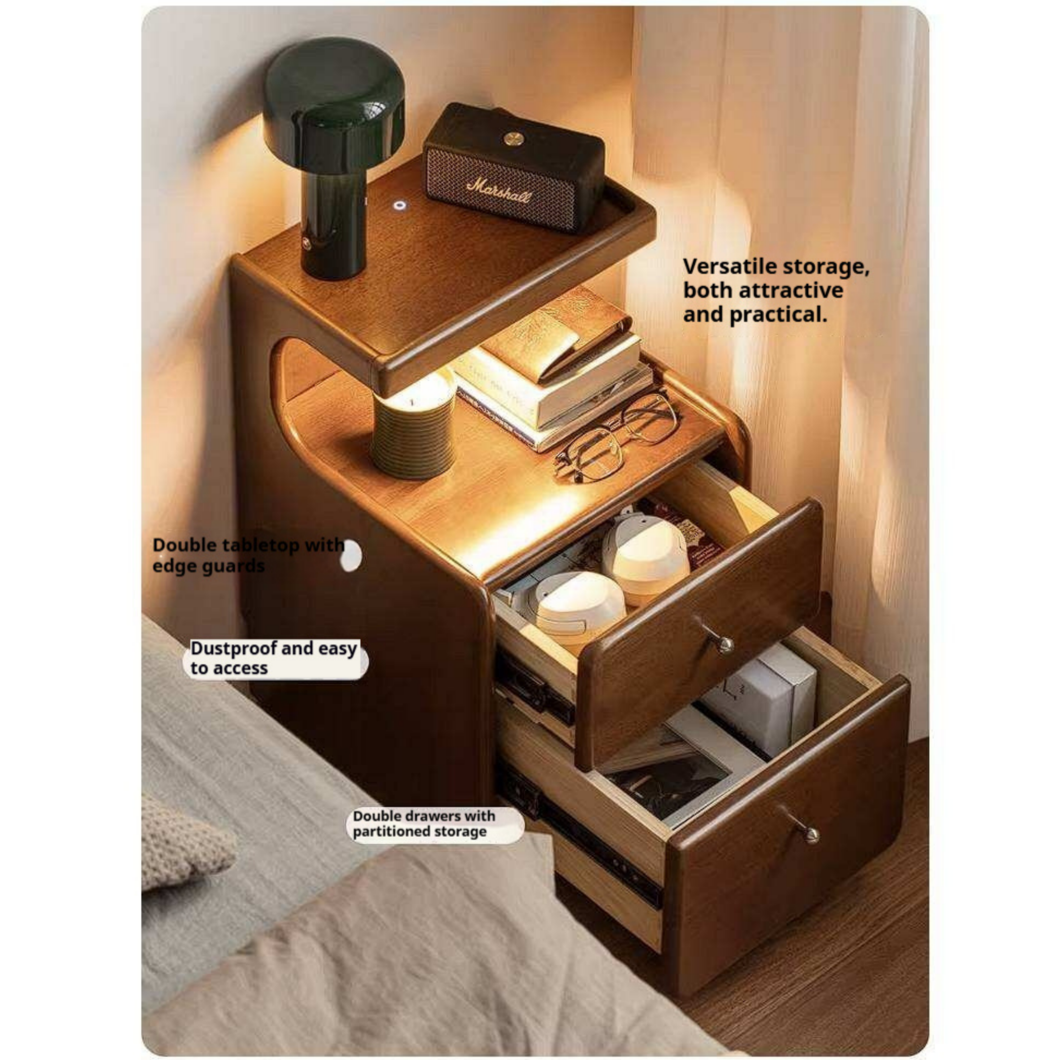 Rubberwood Solid Wood Curved Nightstand with Raised Shelf and Rolling Casters