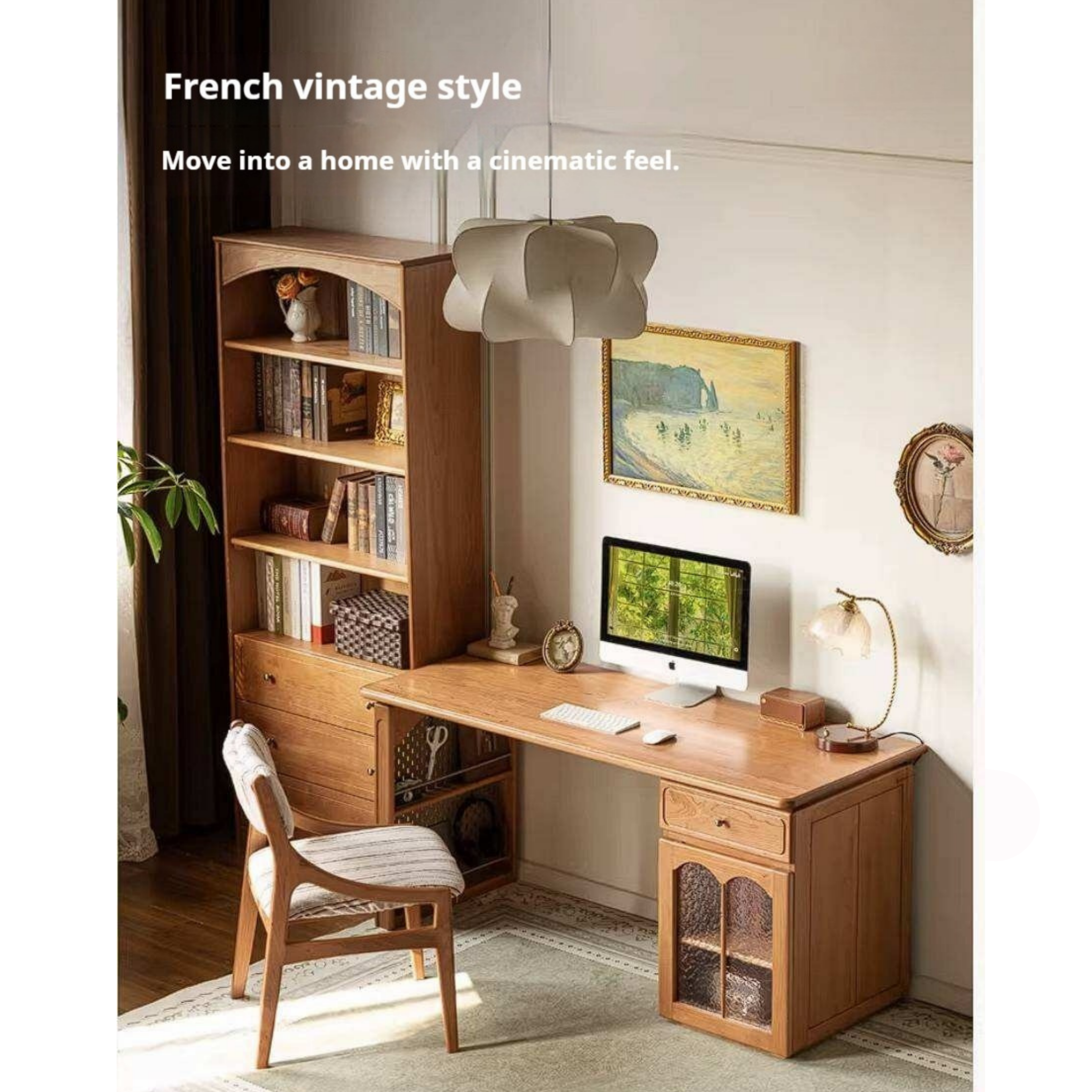 Cherry Solid Wood French Country Writing Desk with Bookshelf Hutch and Cane Door Cabinet