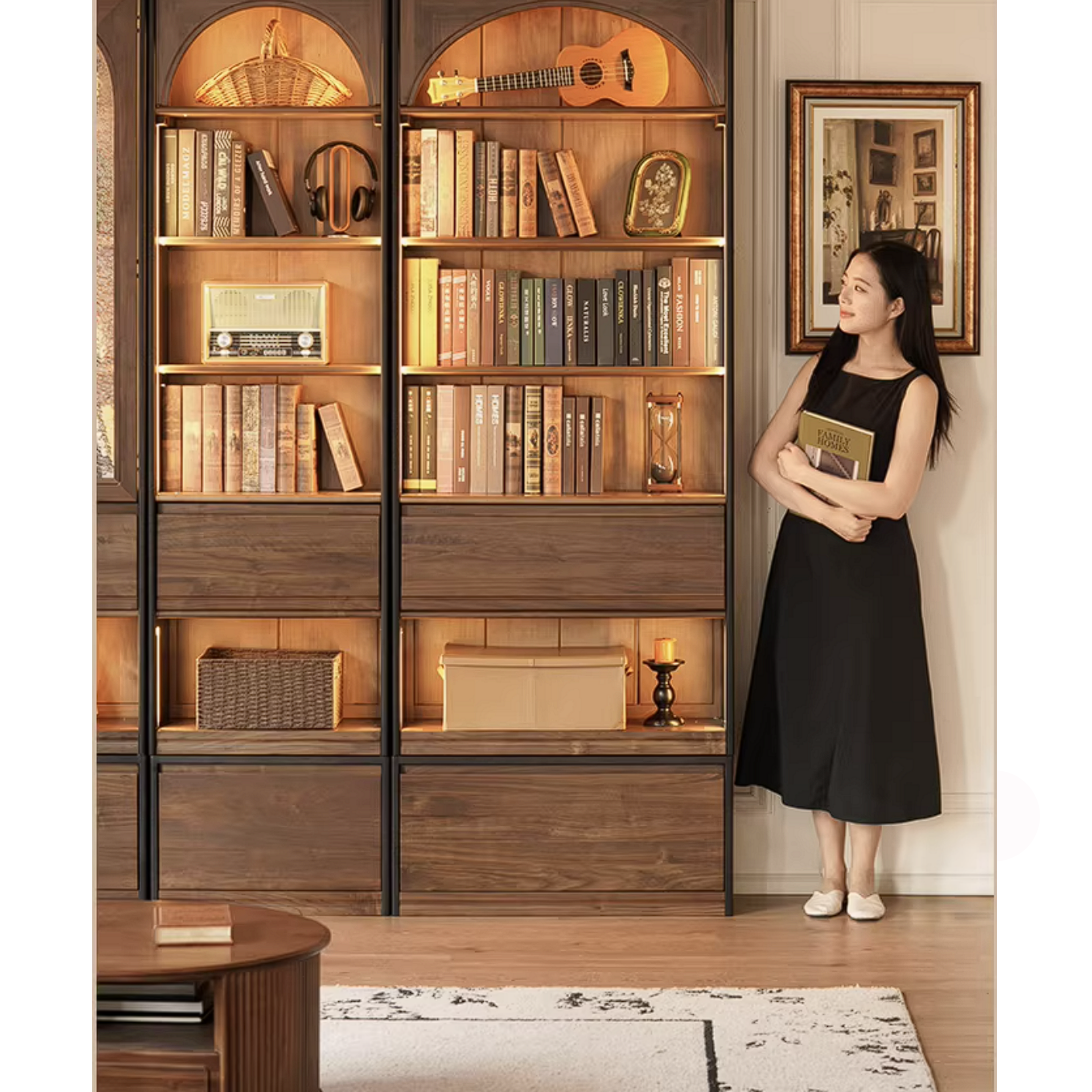 Black Walnut Solid Wood Bookcase with French Retro Display Cabinet
