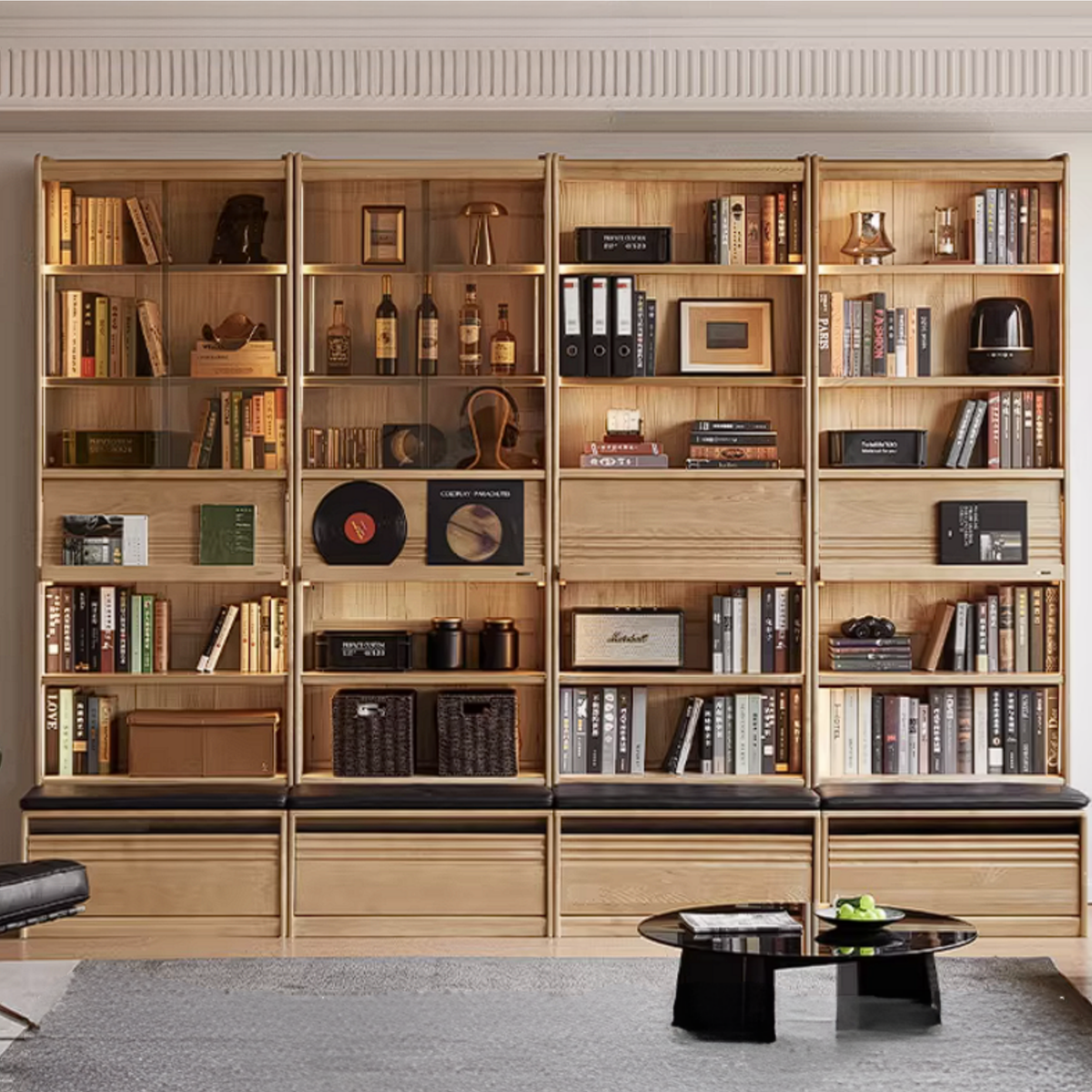 Ash Solid Wood Bookshelf with Wall Mounted Display Cabinet Design