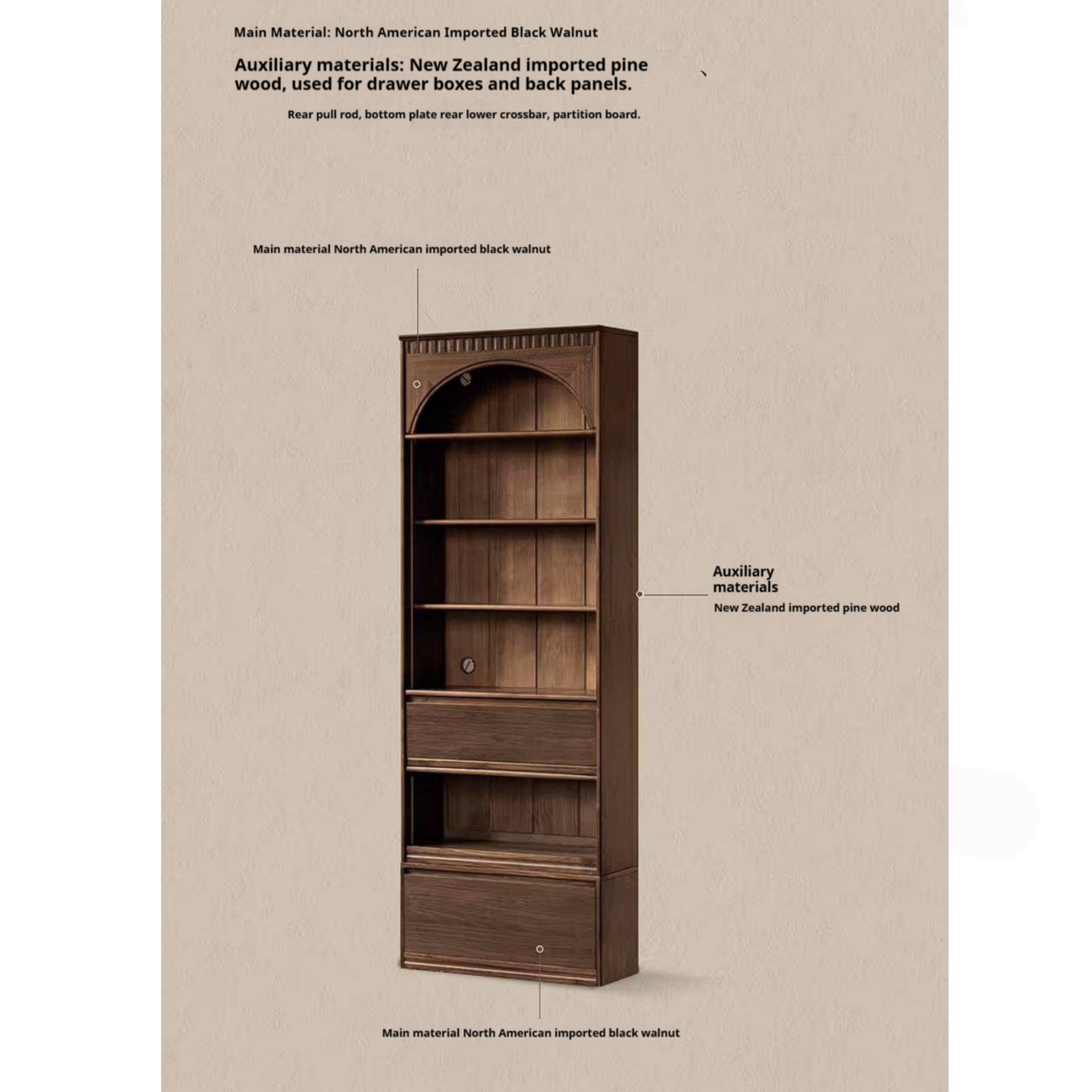 Black Walnut Solid Wood Arched Vintage Bookcase with Glass Door and Storage Drawer
