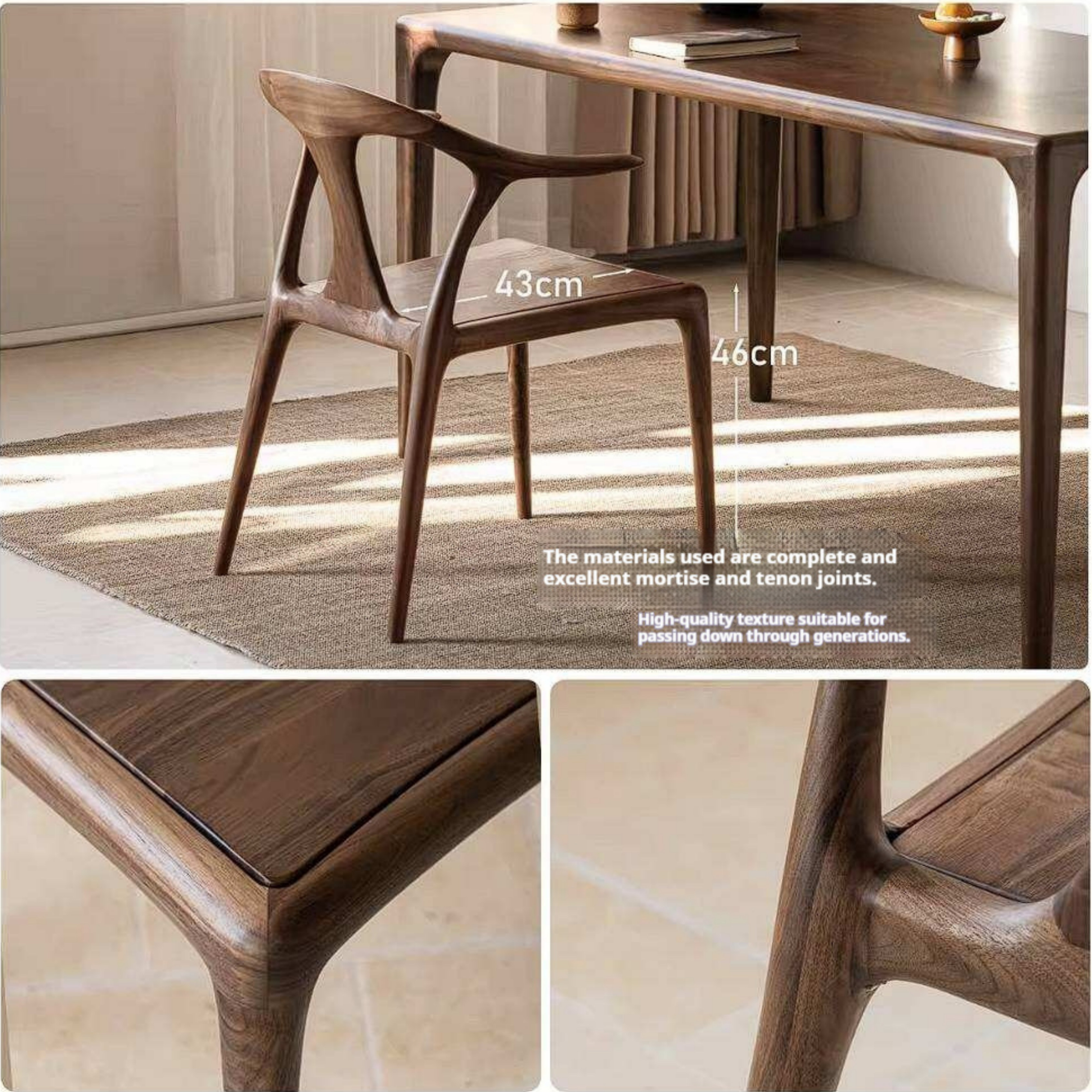 Black Walnut Solid Wood Ox Horn Dining Chair with Carved Curved Armrests