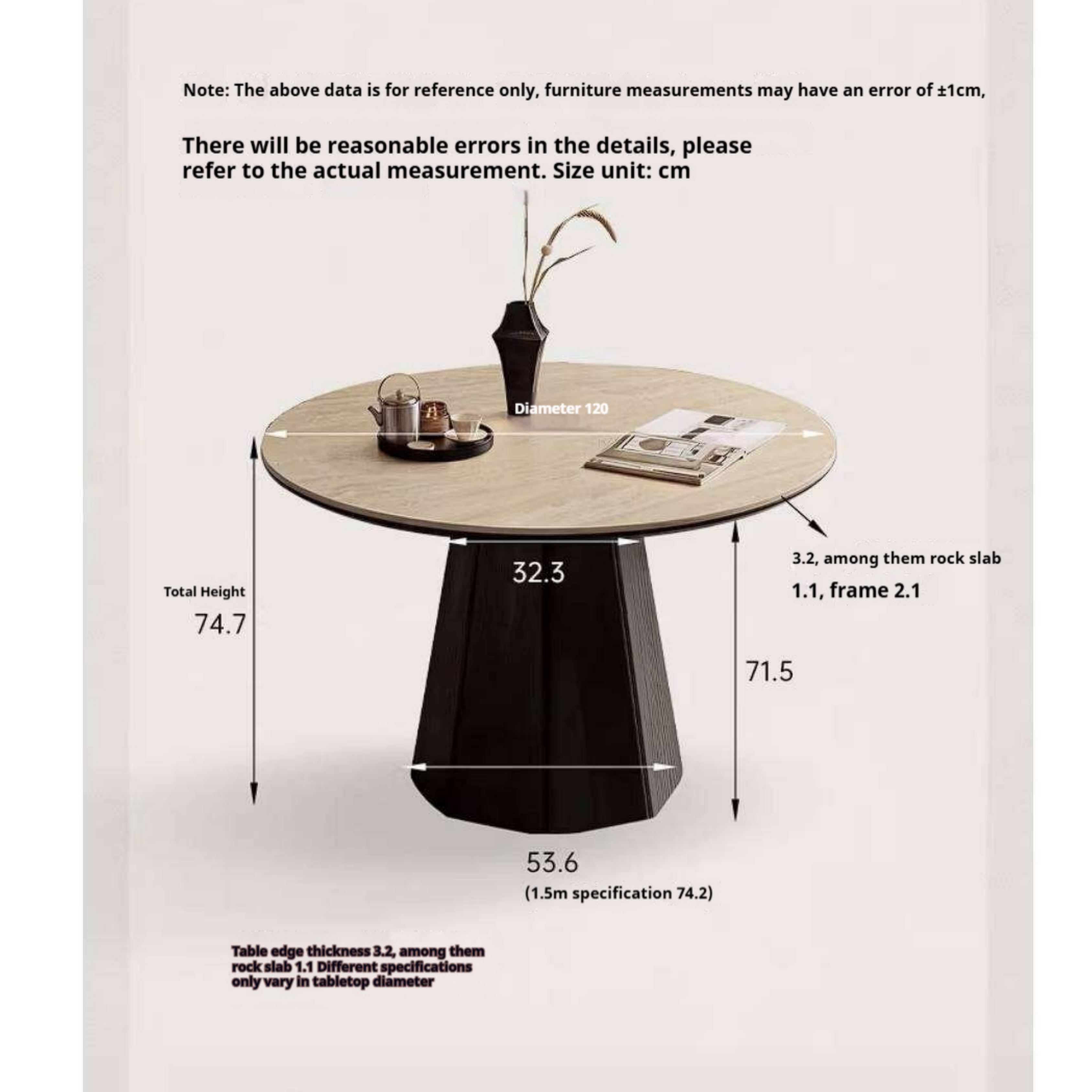 Ash Solid Wood Dining Table with Slate Top, Mid Century Round Design