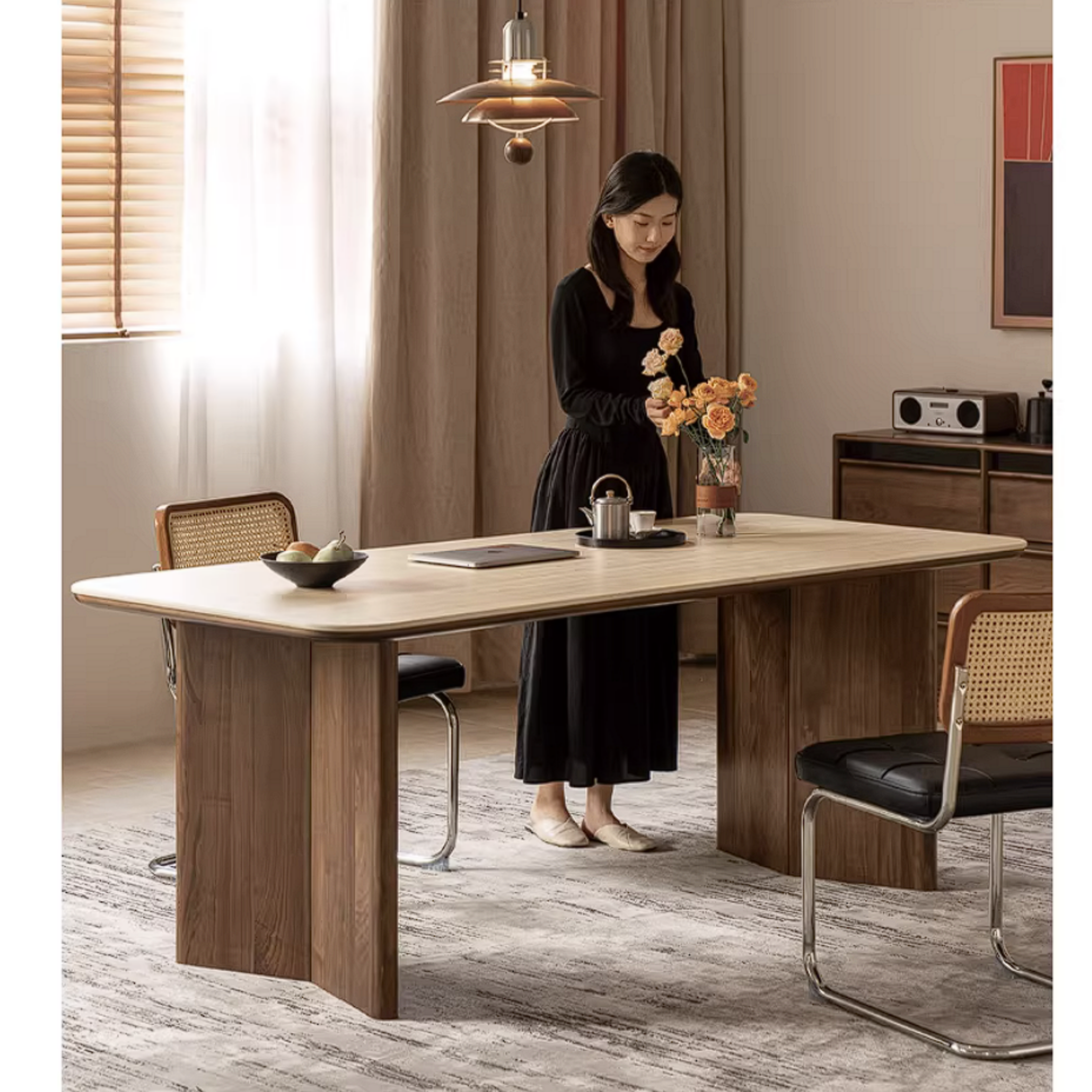 Black Walnut Solid Wood Trestle Dining Table with Stone Top and Panel Legs