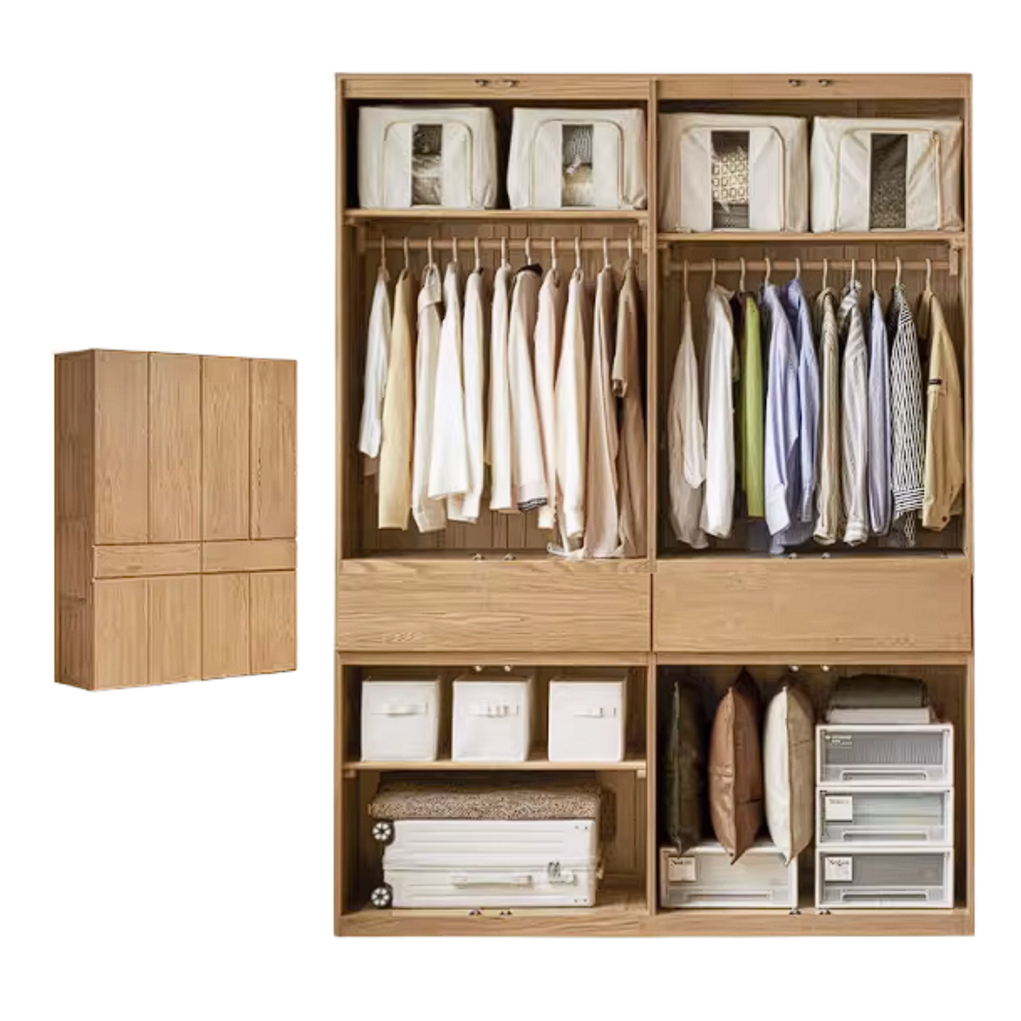 Oak Solid Wood Double Door Wardrobe with pull-out storage drawers Design