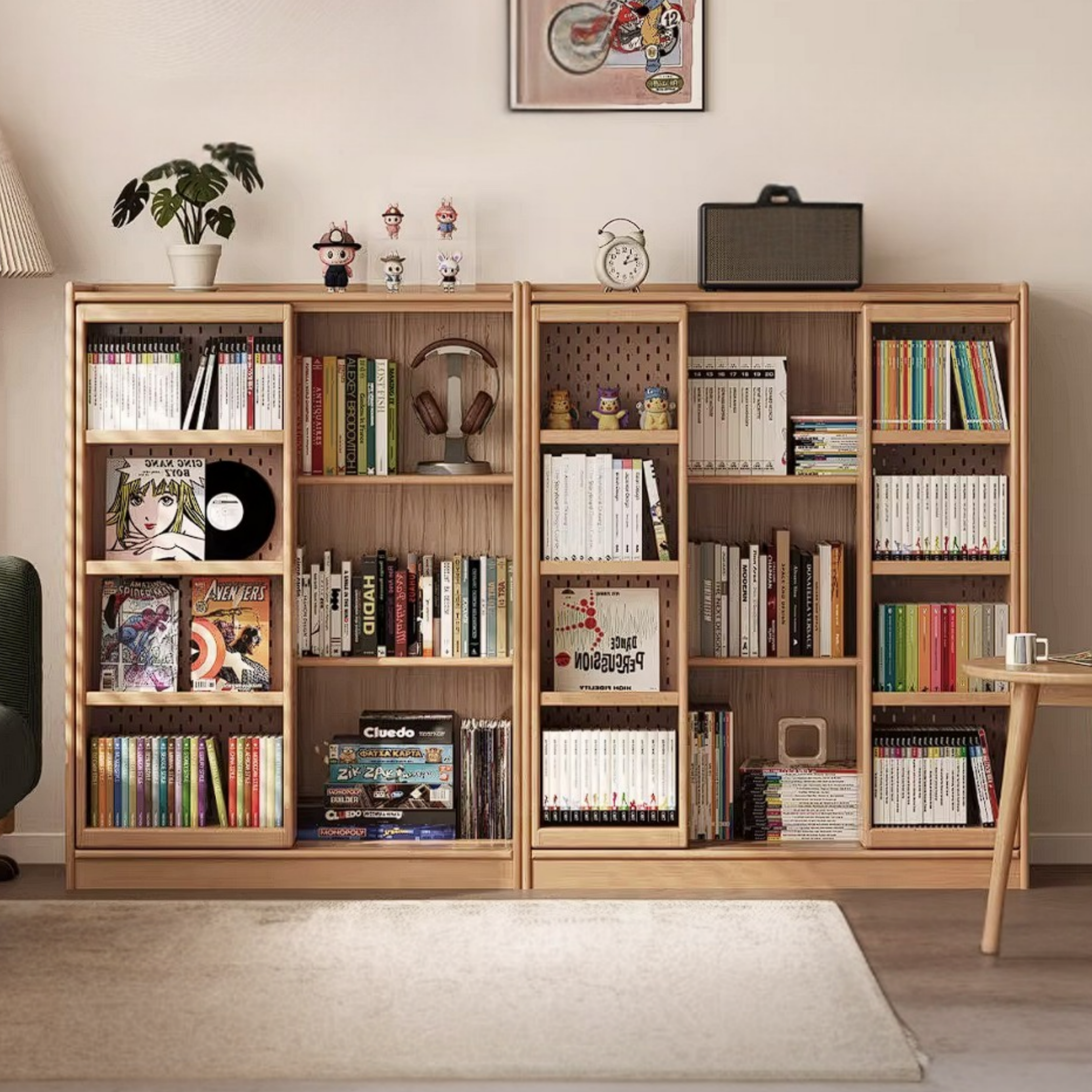 Rubberwood Solid Wood Bookshelf Floor-Standing Shelves and Sliding Doors
