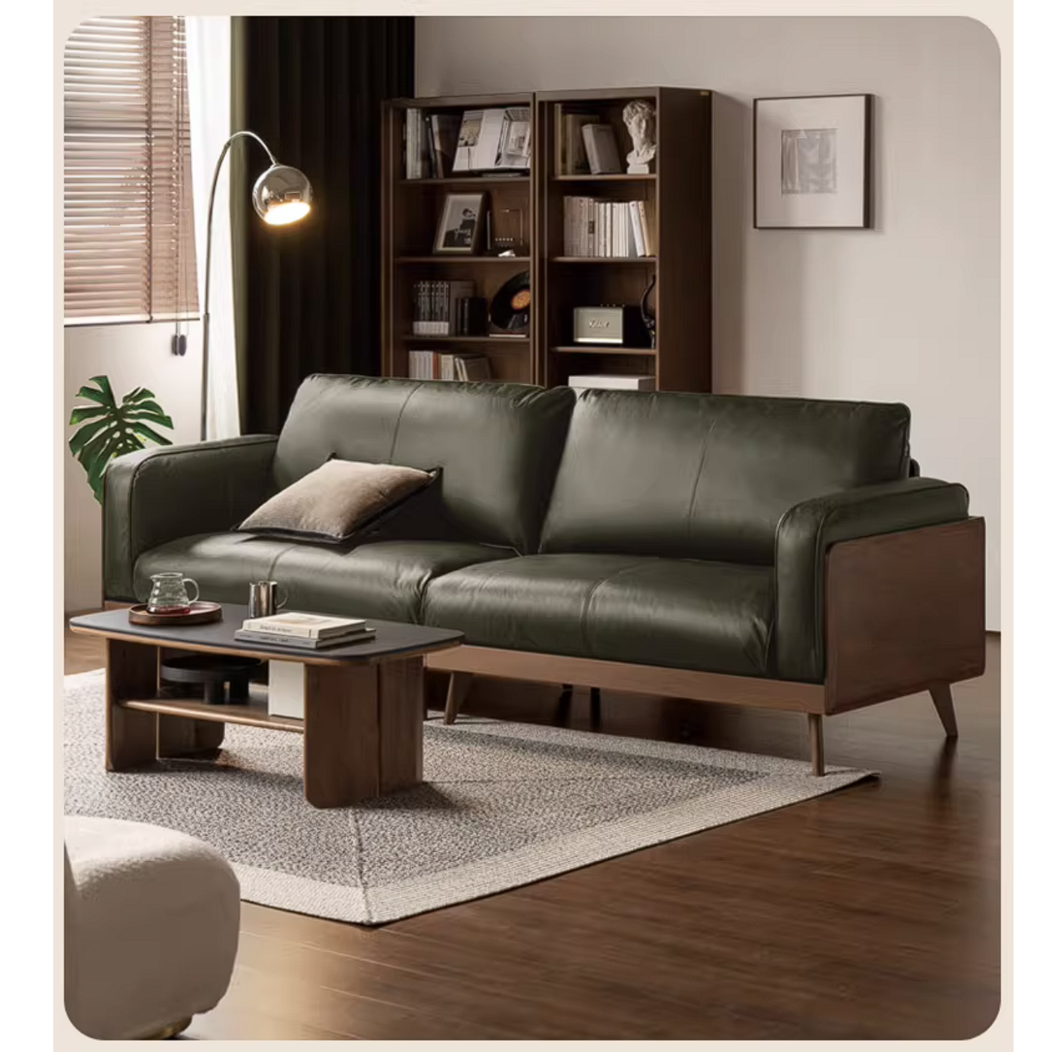 Rubberwood Solid Wood Genuine leather Sofa with Deep Seats and Slim Walnut Frame