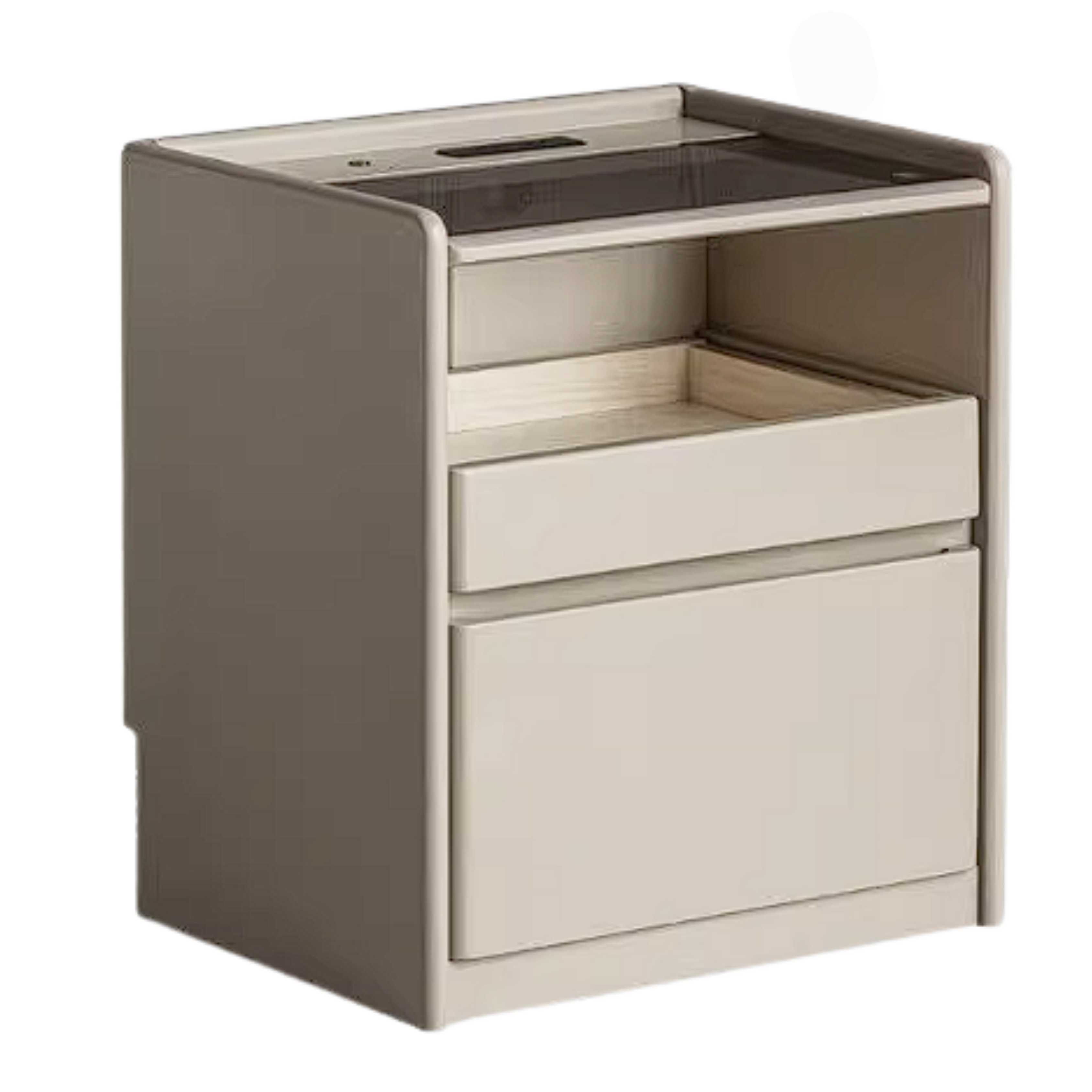 Rubberwood Solid Wood Taupe Nightstand with Tempered Glass Top, Built-In Outlet, and LED-Lit Organizer Drawer