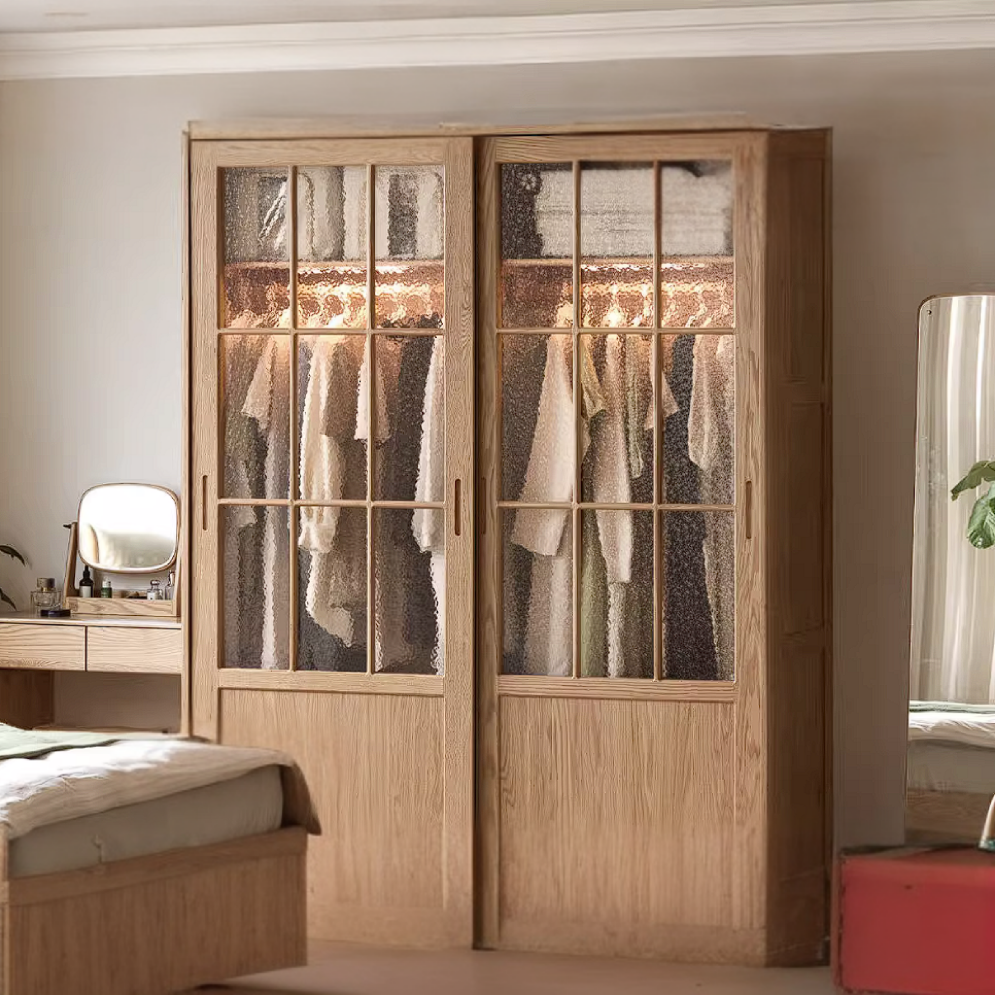 Oak Solid Wood Wardrobe Cabinet with Minimalist Songshi Storage