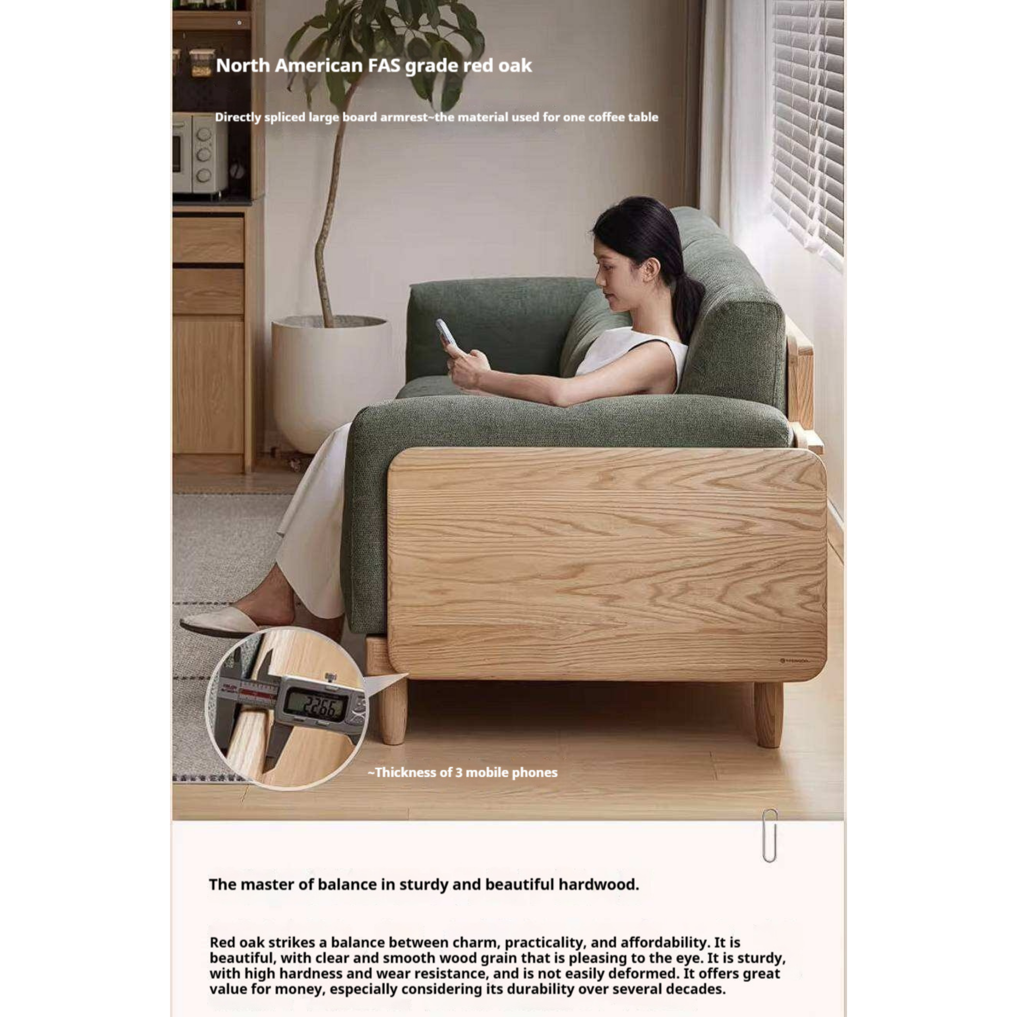 Oak Solid Wood Sofa with Rounded Arms, Low-Profile Design