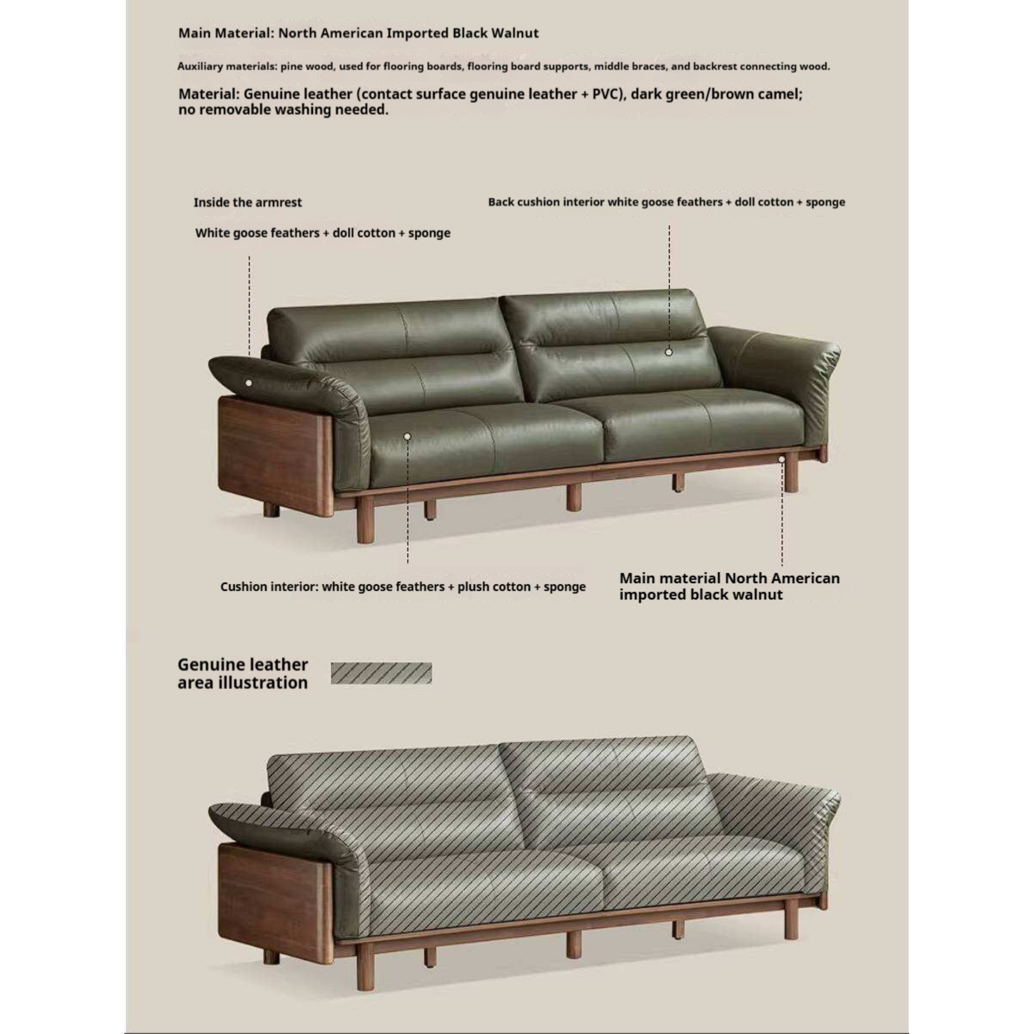 Black Walnut Solid Wood Genuine Leather Sofa with High Back