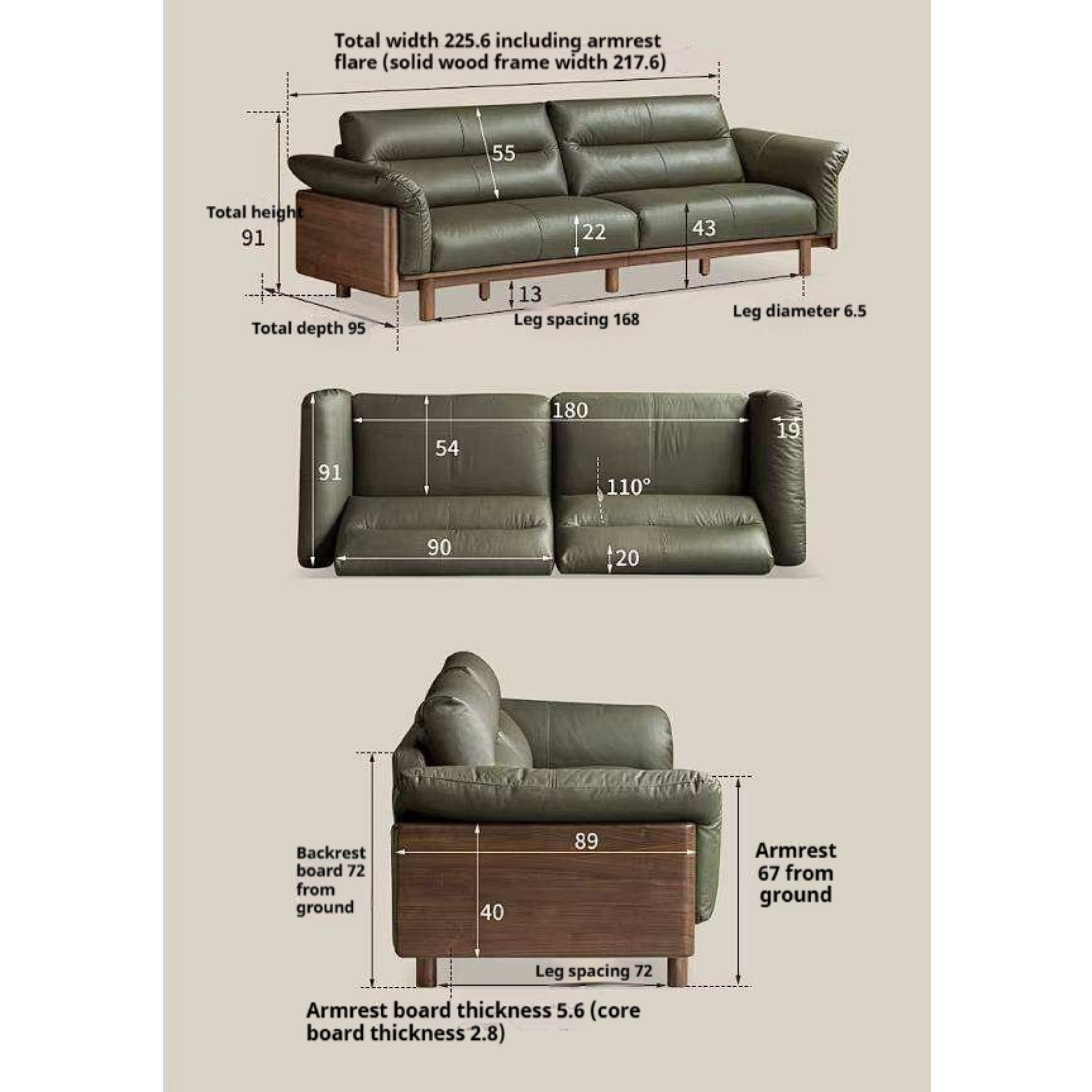 Black Walnut Solid Wood Genuine Leather Sofa with High Back
