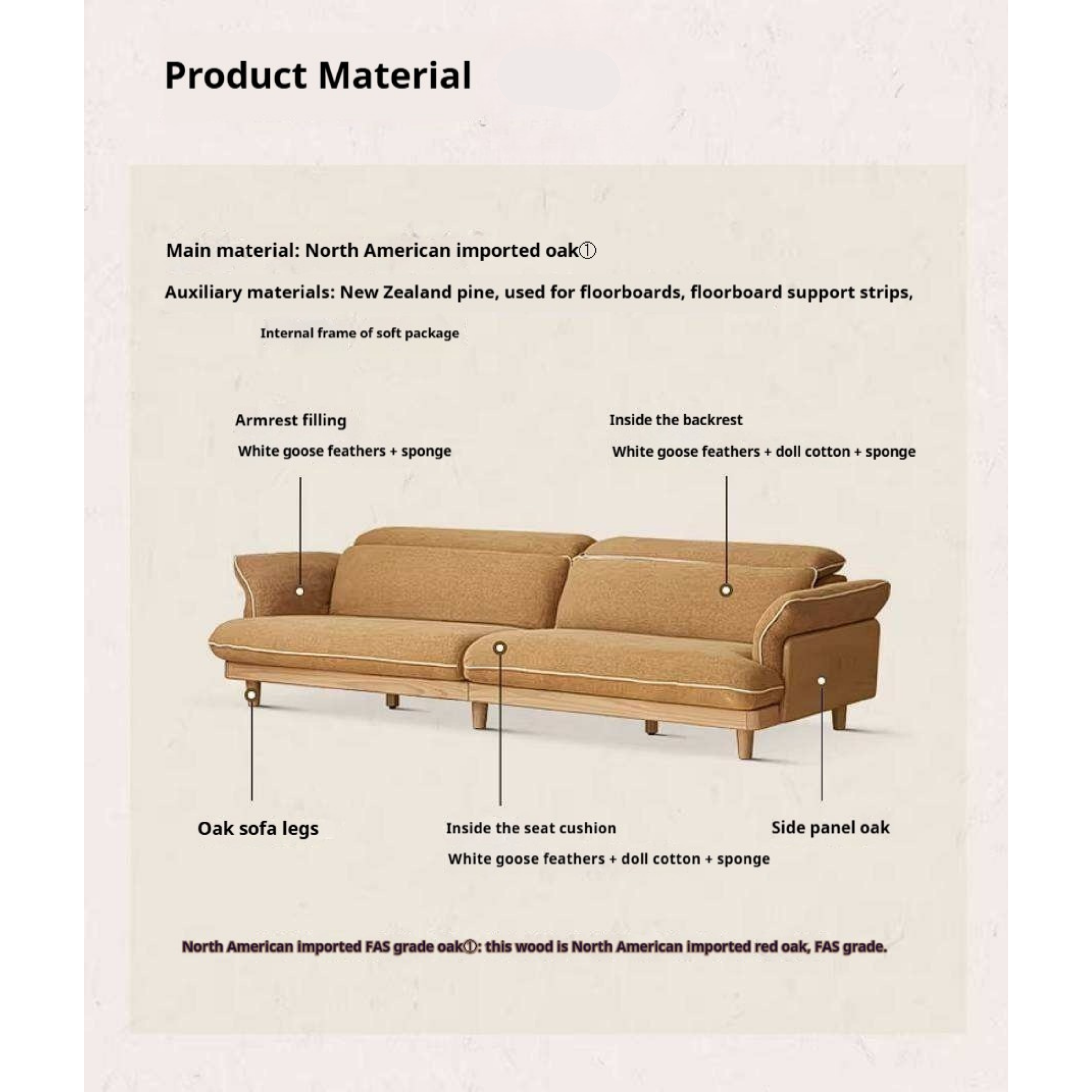 Oak Solid Wood High Back Chenille Sofa with Curved Arms