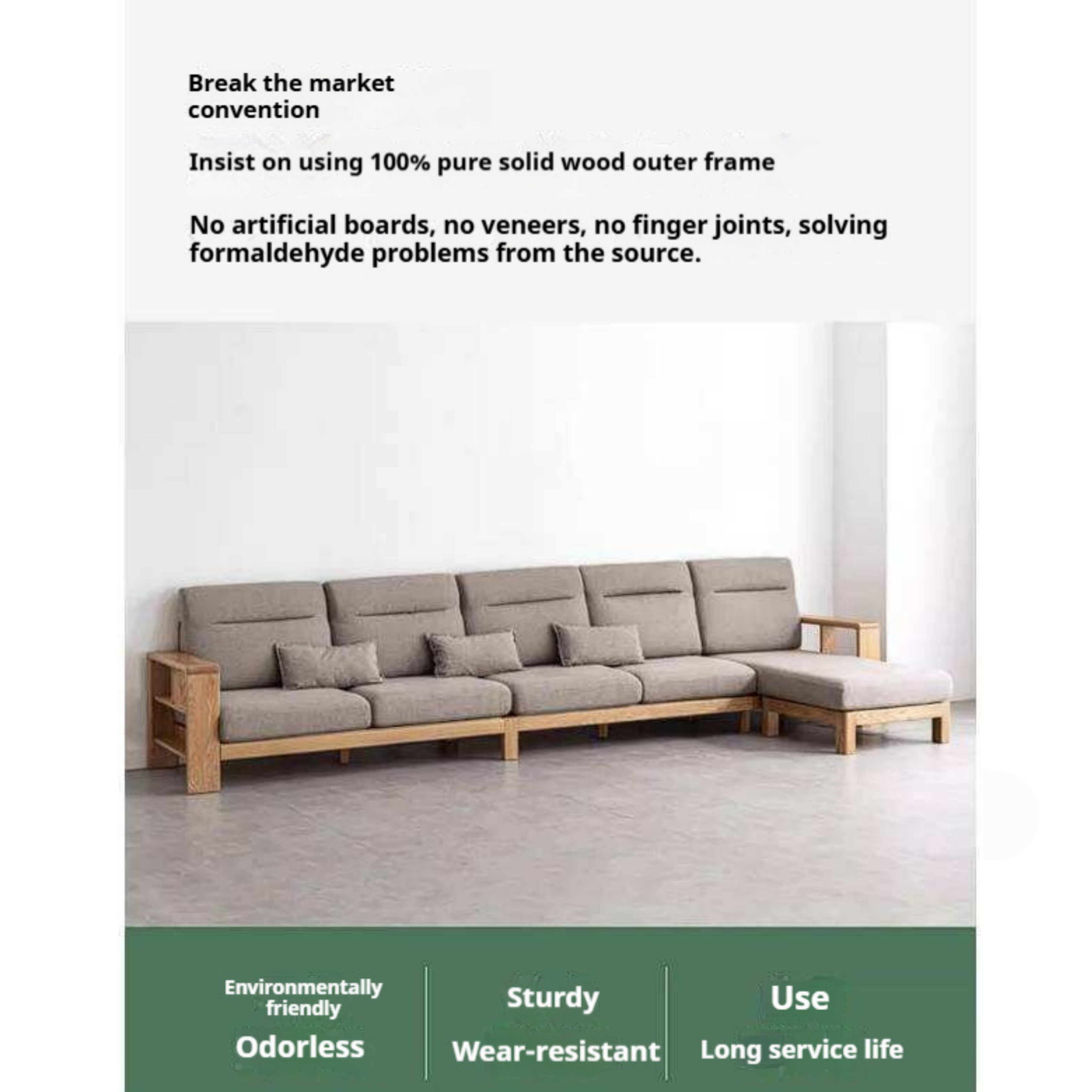 Oak Solid Wood Corner Sofa with Modern Fabric Upholstery