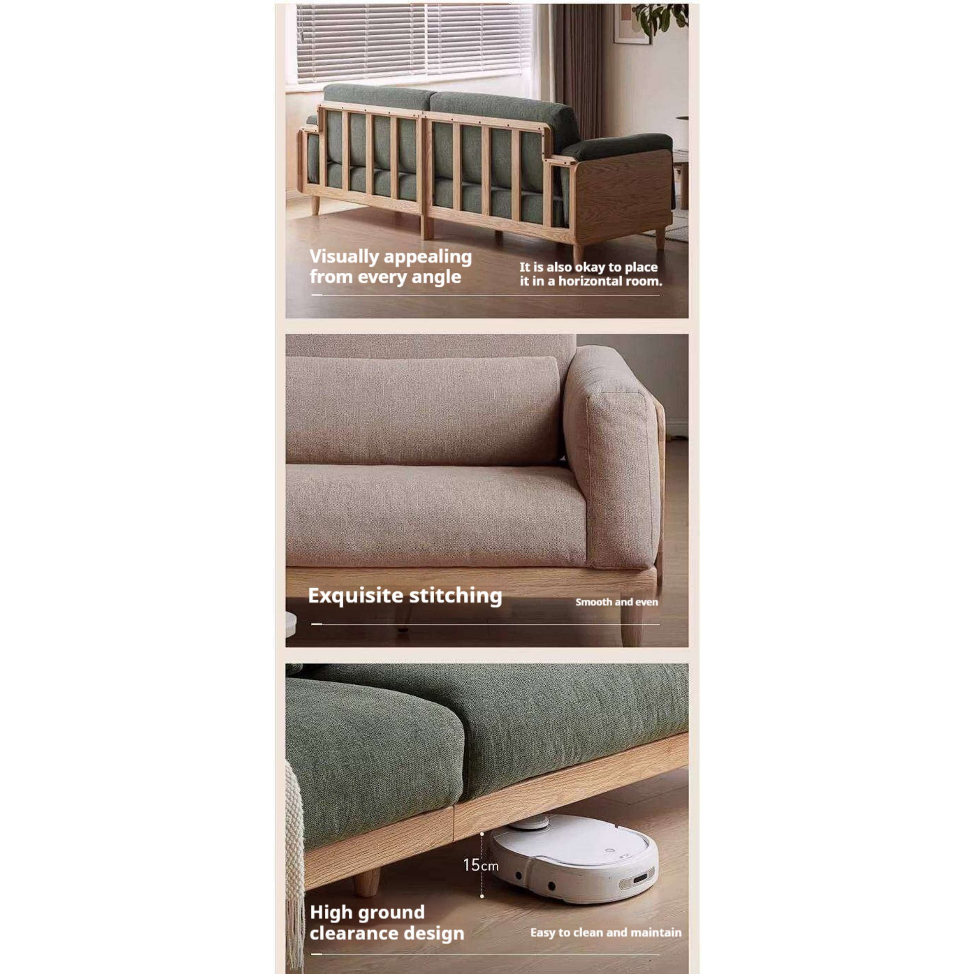 Oak Solid Wood Sofa with Rounded Arms, Low-Profile Design