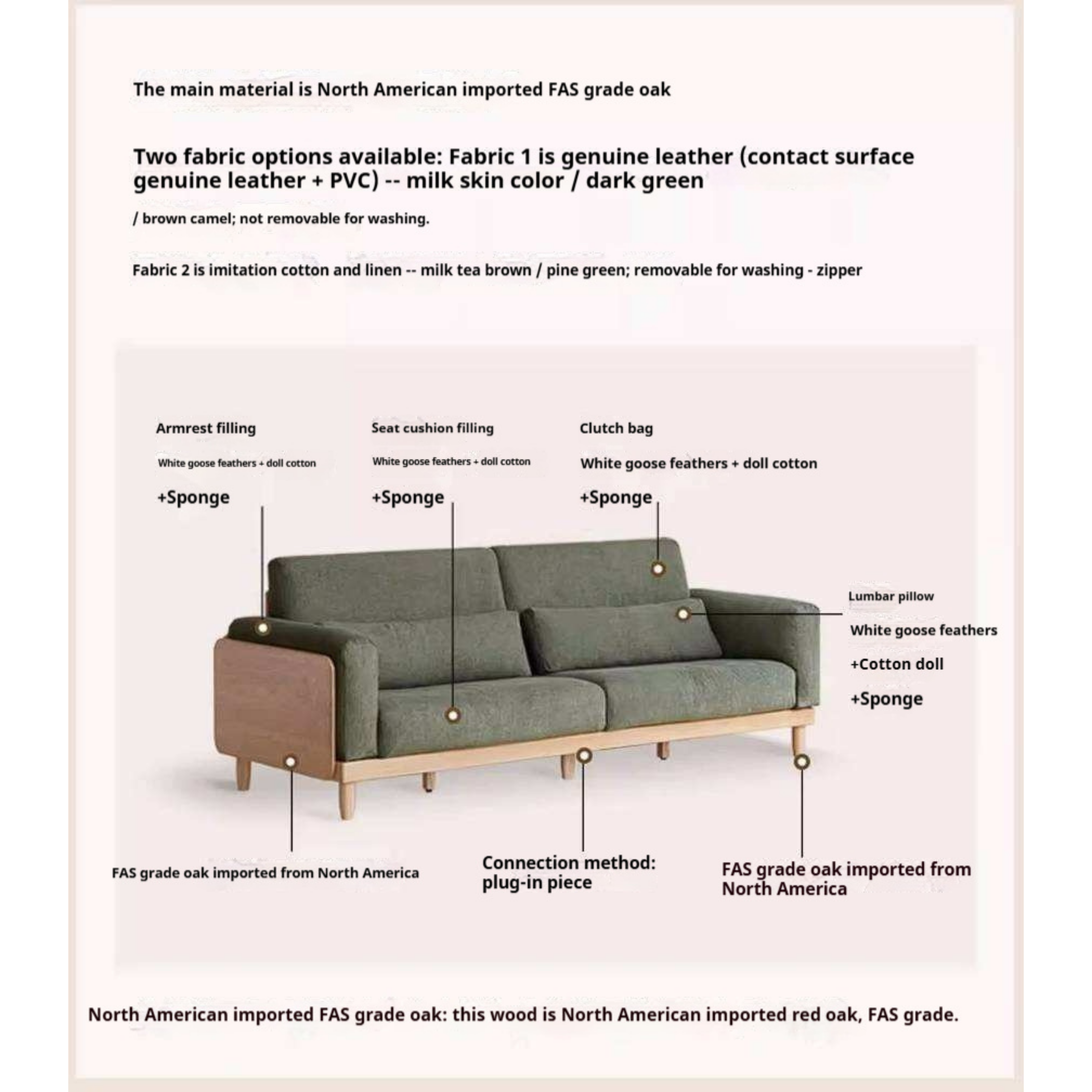 Oak Solid Wood Sofa with Rounded Arms, Low-Profile Design