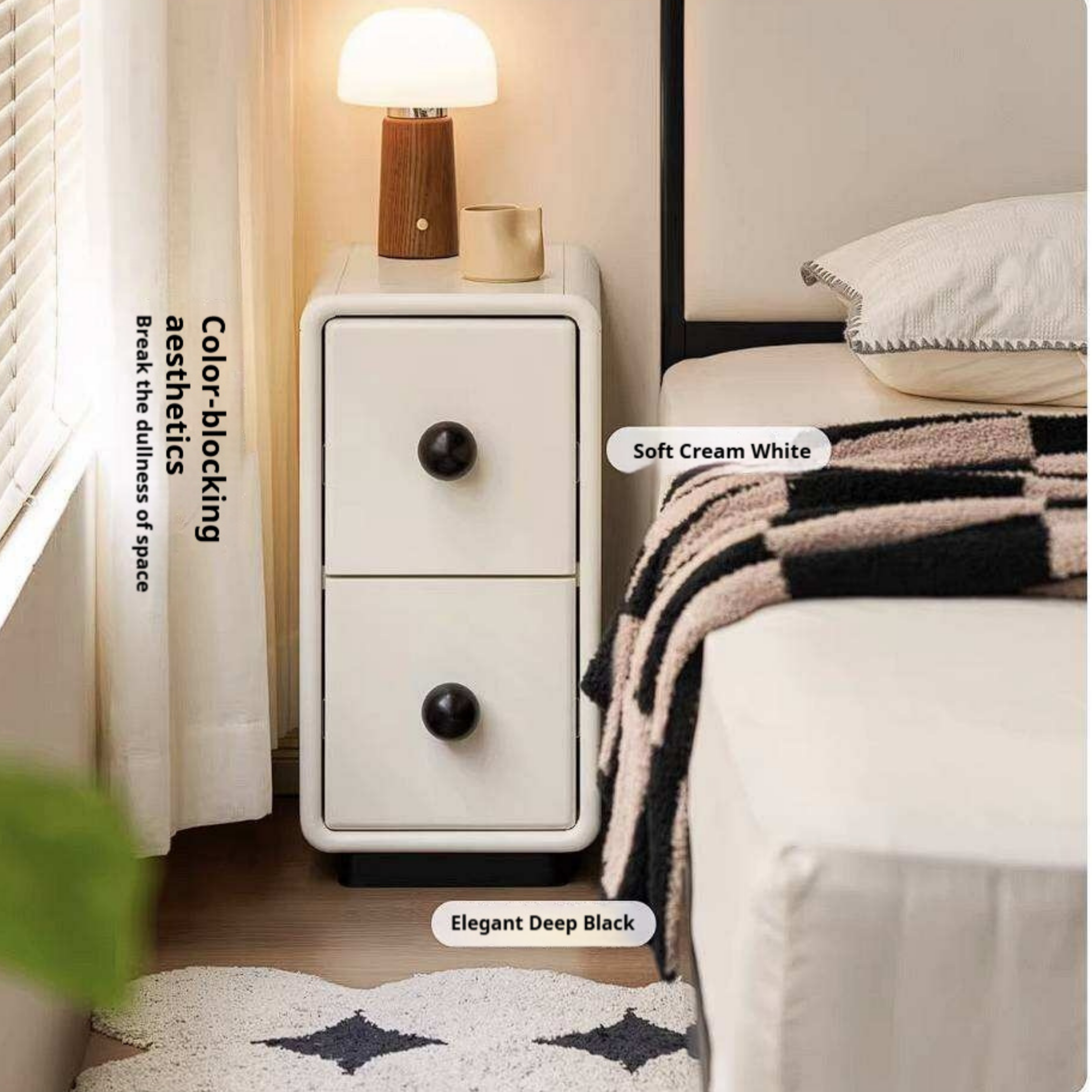 Rubberwood Solid Wood Slim Cream White Nightstand with Rounded Corners and Two Drawers