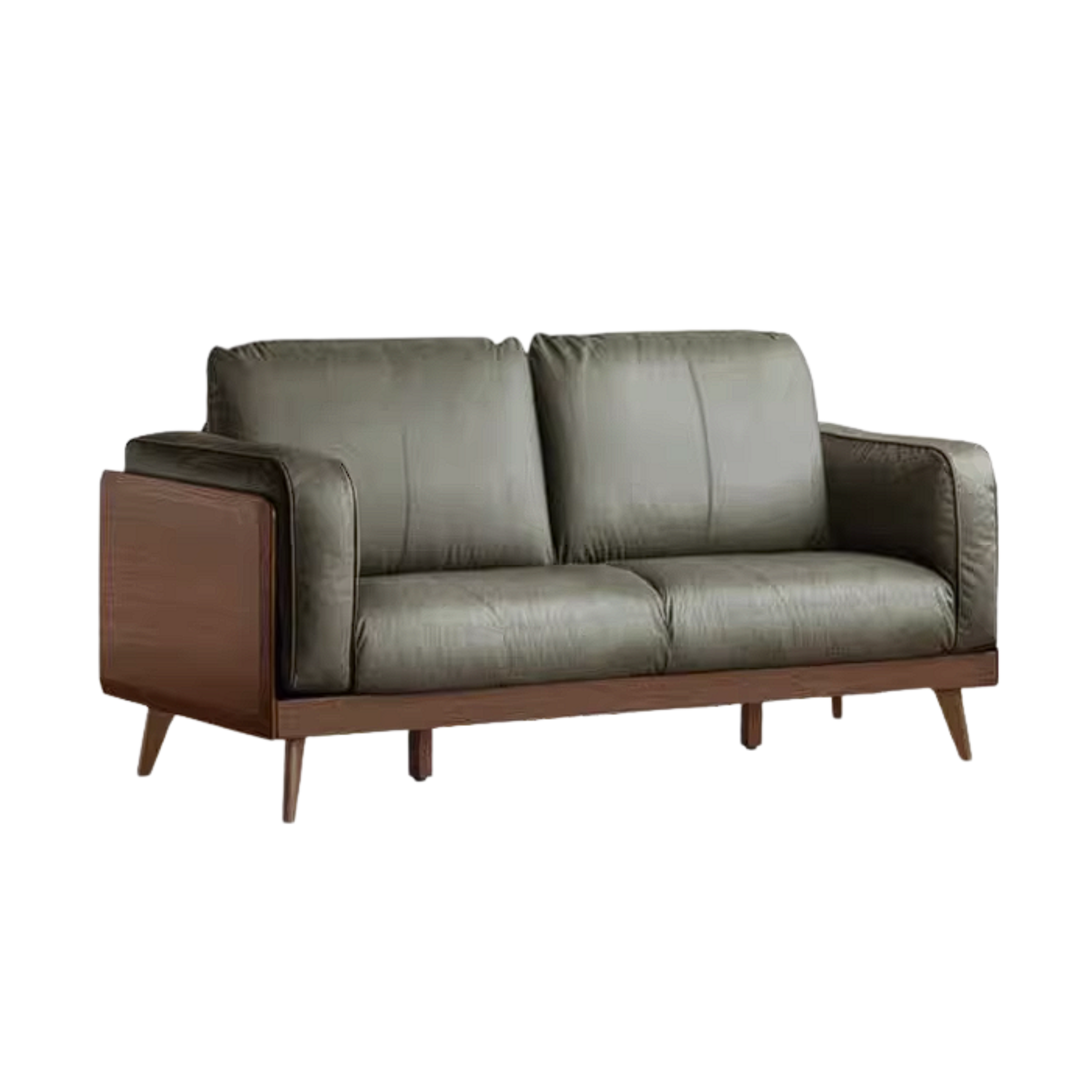 Rubberwood Solid Wood Genuine leather Sofa with Deep Seats and Slim Walnut Frame
