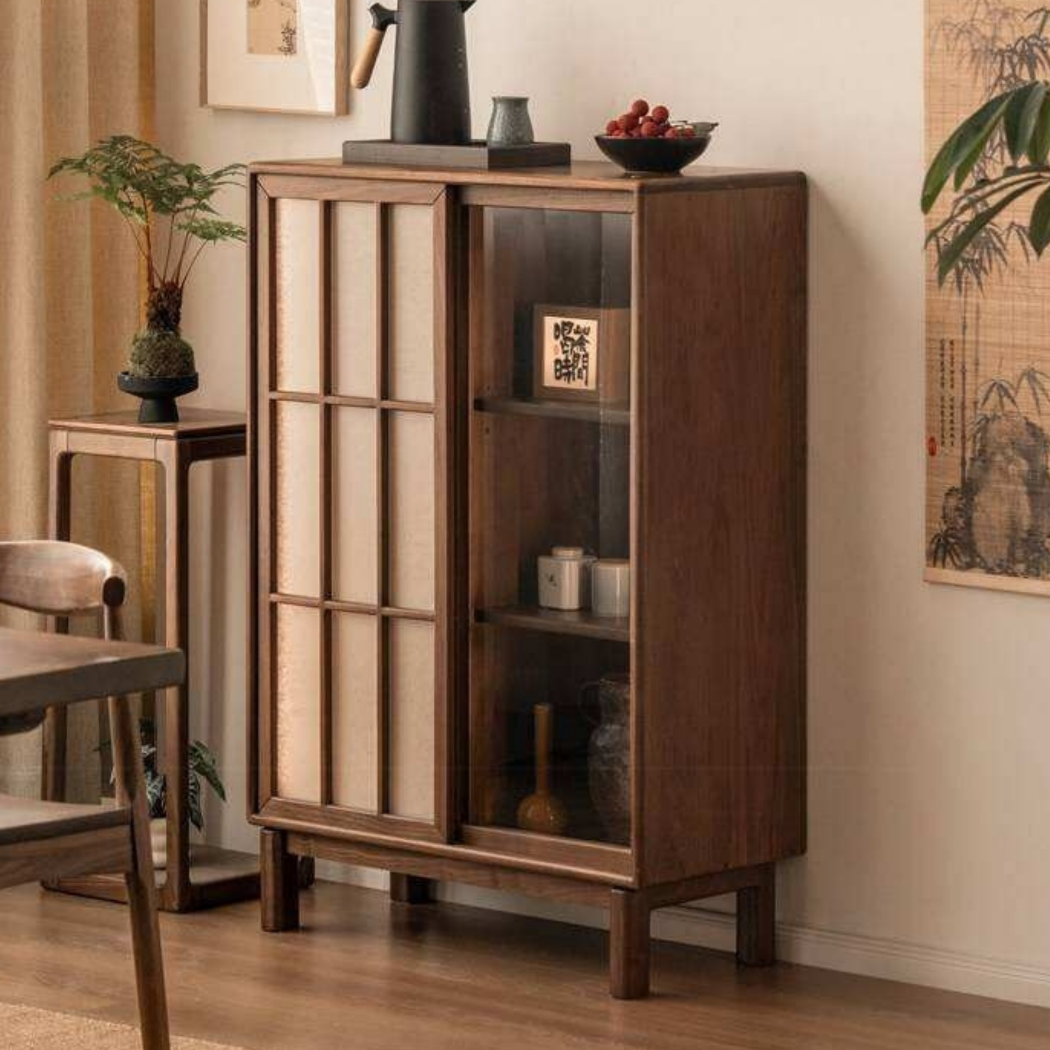 Black Walnut Solid Wood Side Cabinet with Elegant Display and Storage Design