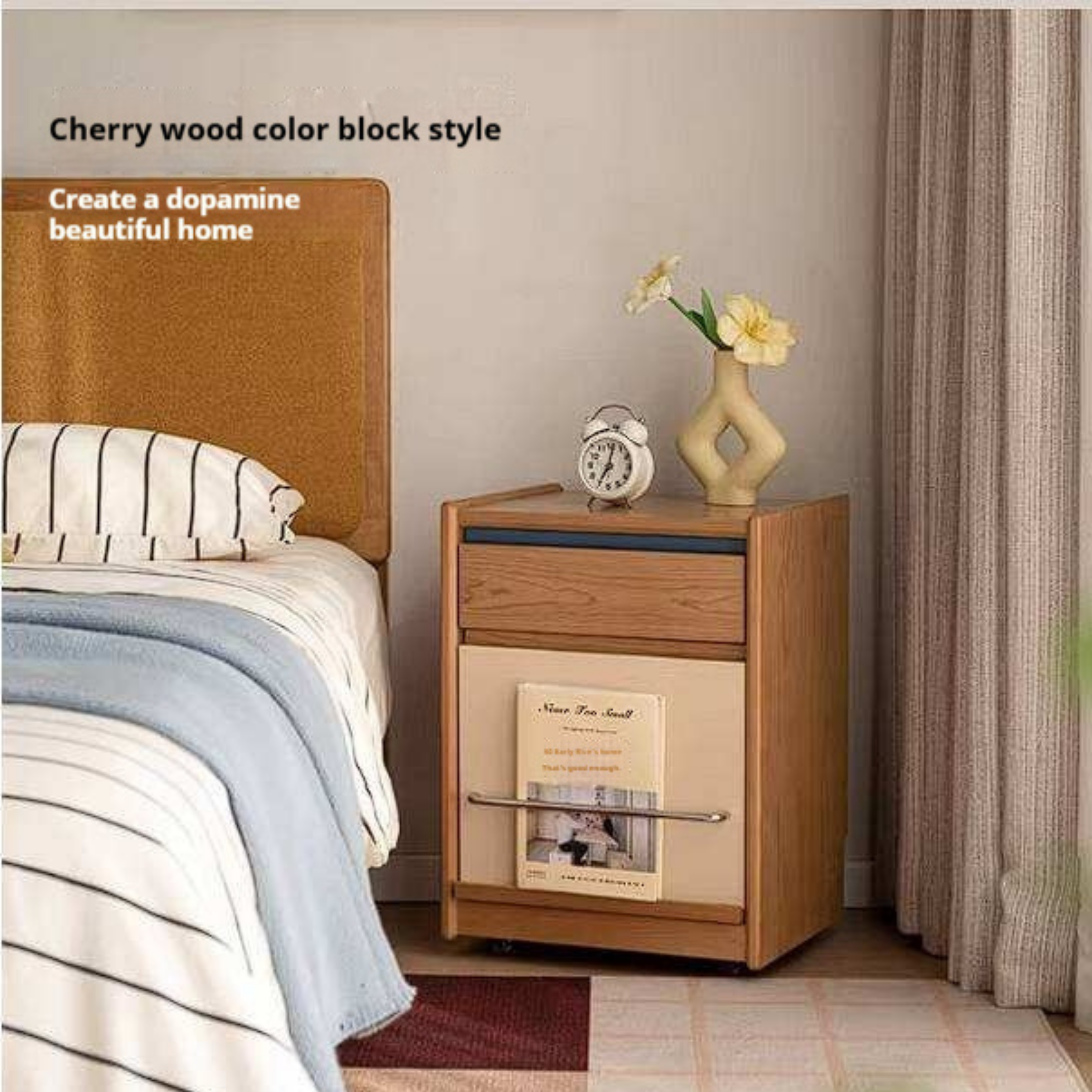 Poplar Solid Wood Two-Tone Rolling Nightstand with Magazine Rail