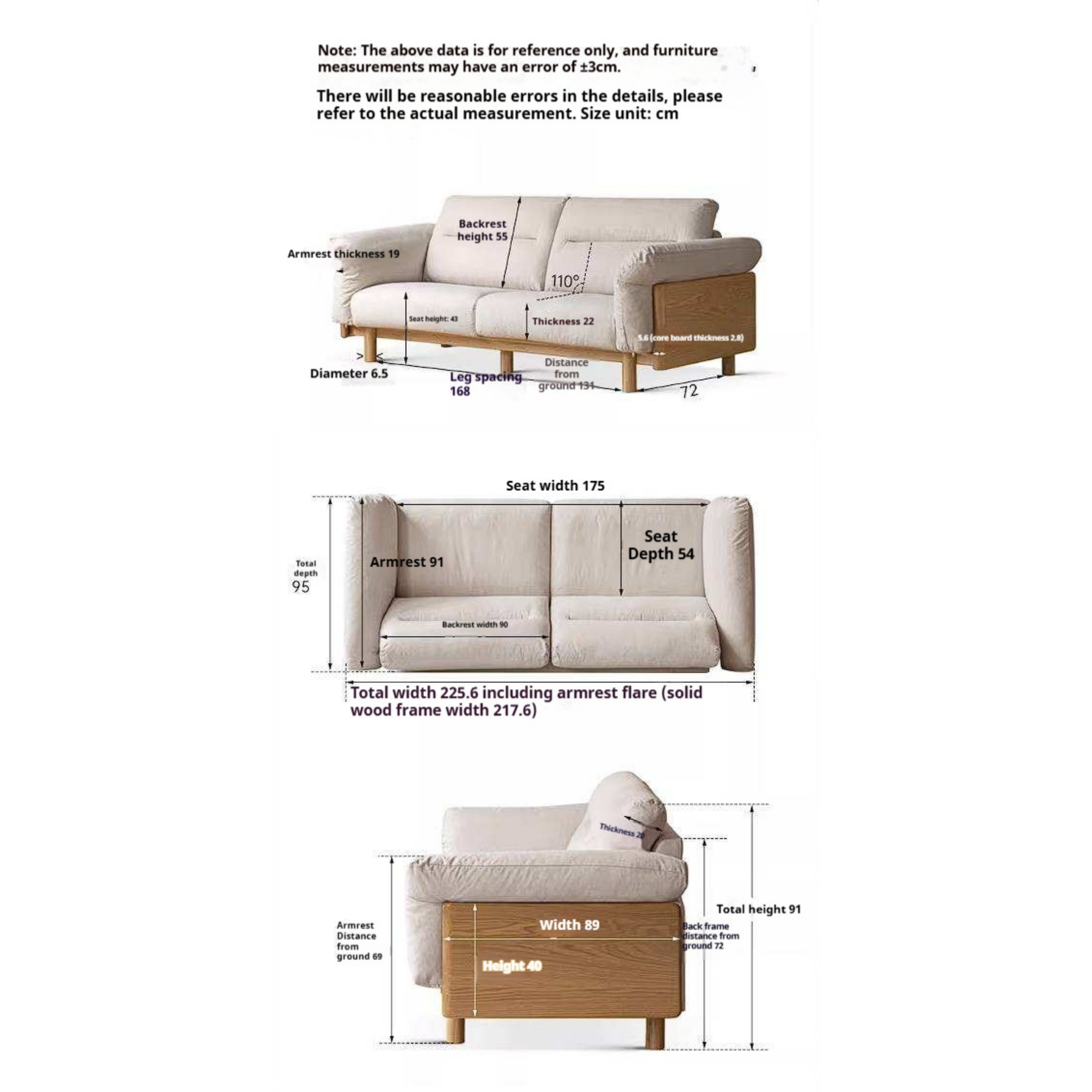 Oak Solid Wood Sofa with Wide Track Arms Genuine leather, fabric, removable and washable