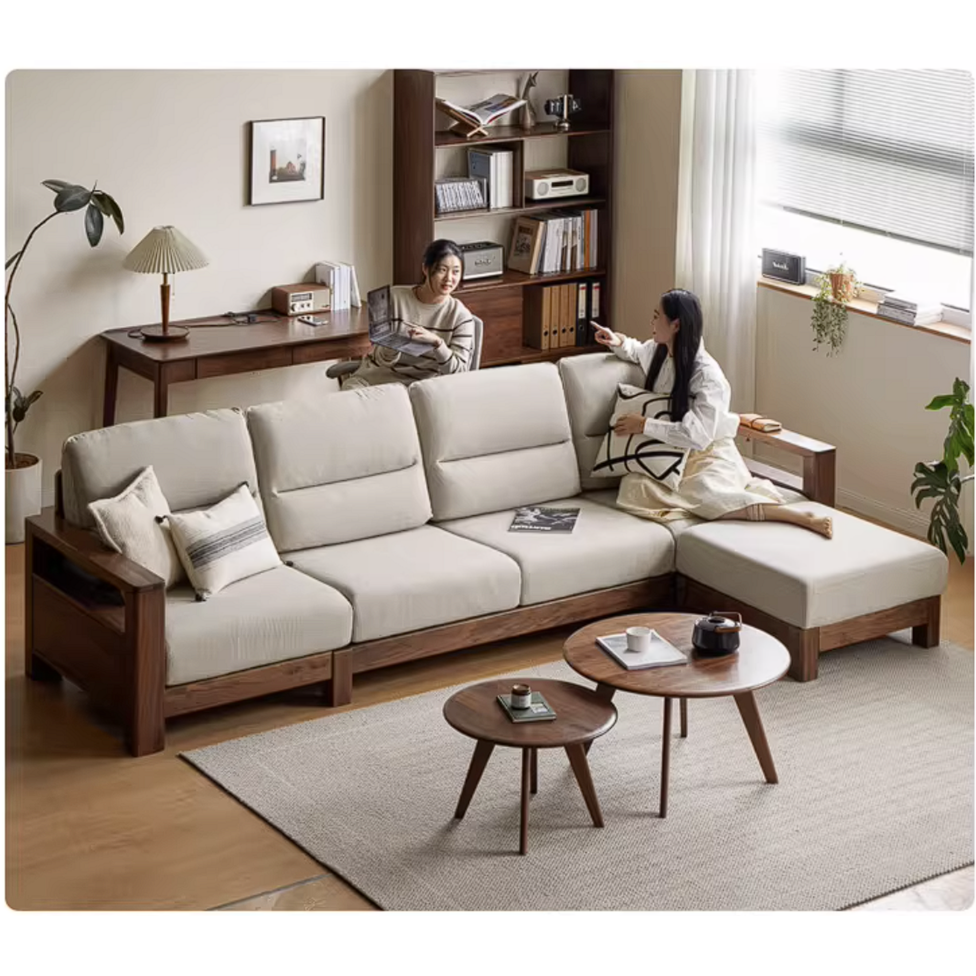 Black Walnut, Ash, Golden Sandalwood Solid Wood Corner Sofa with Fabric Upholstery