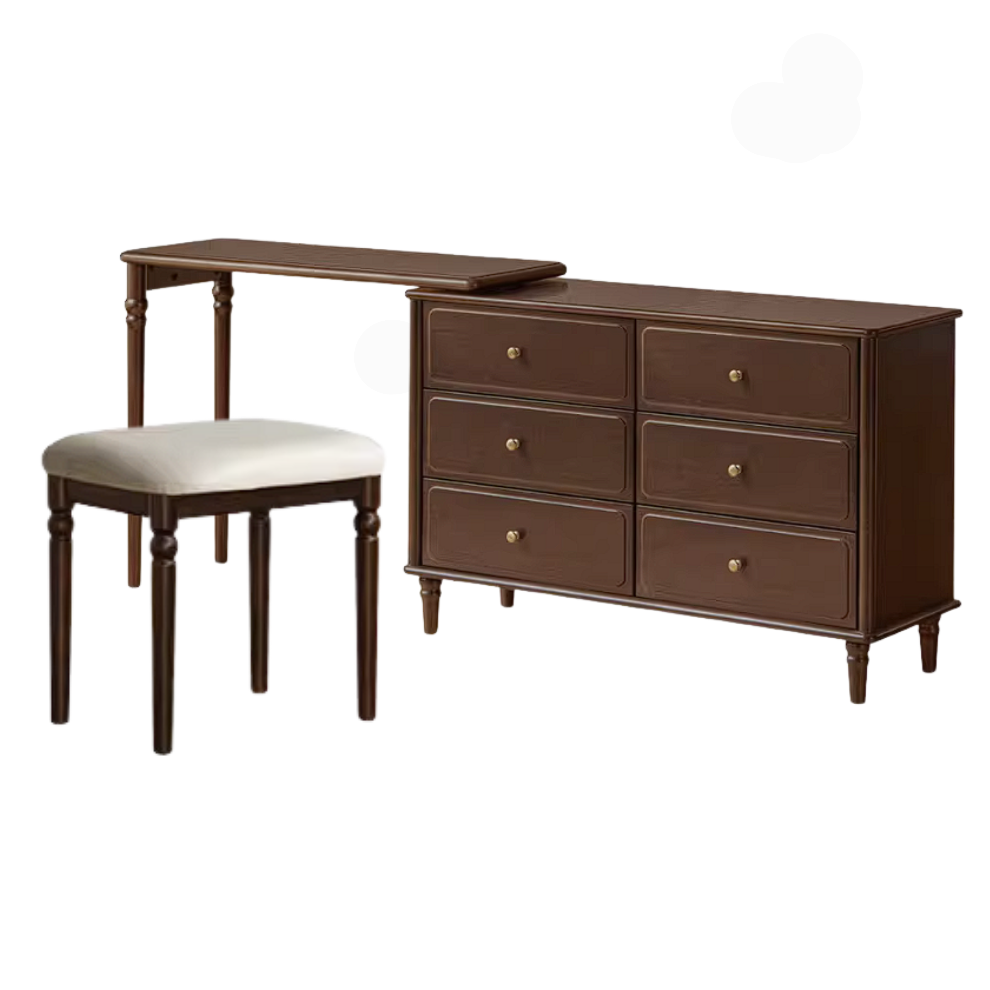 Poplar Solid Wood Vintage Extendable Vanity Desk with Round Mirror and Turned Legs