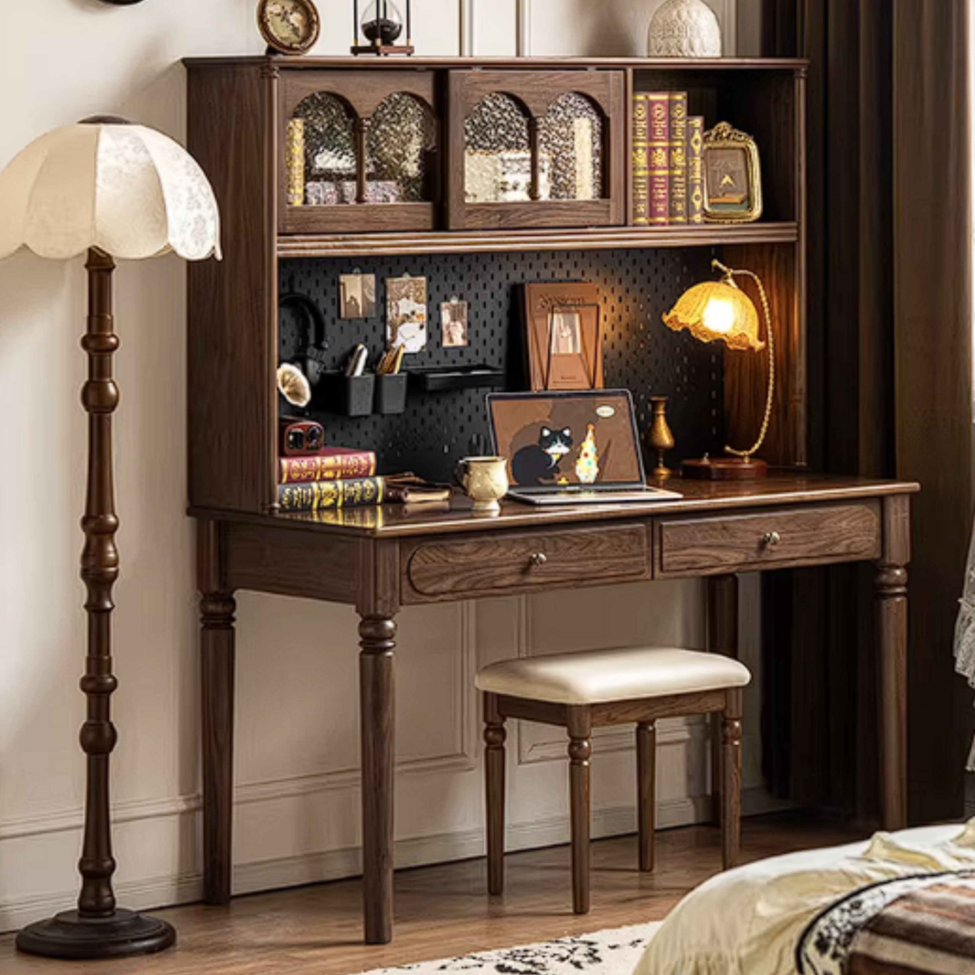 Black Walnut Solid Wood French Vintage Writing Desk with Arched Cane Door Hutch and Turned Spindle Legs