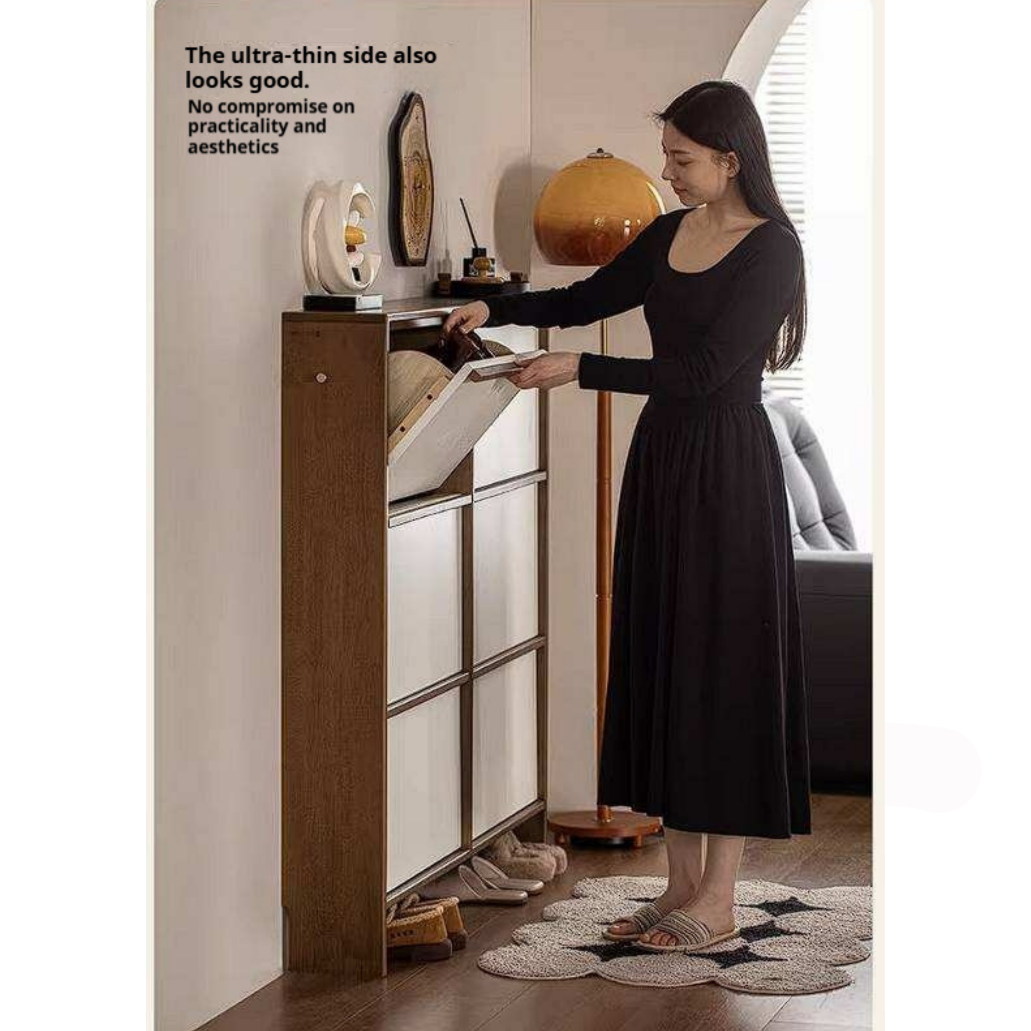 Rubberwood Solid Wood Flip Door Shoe Cabinet, Mid Century Slim Wall Mounted Entryway Storage Organizer