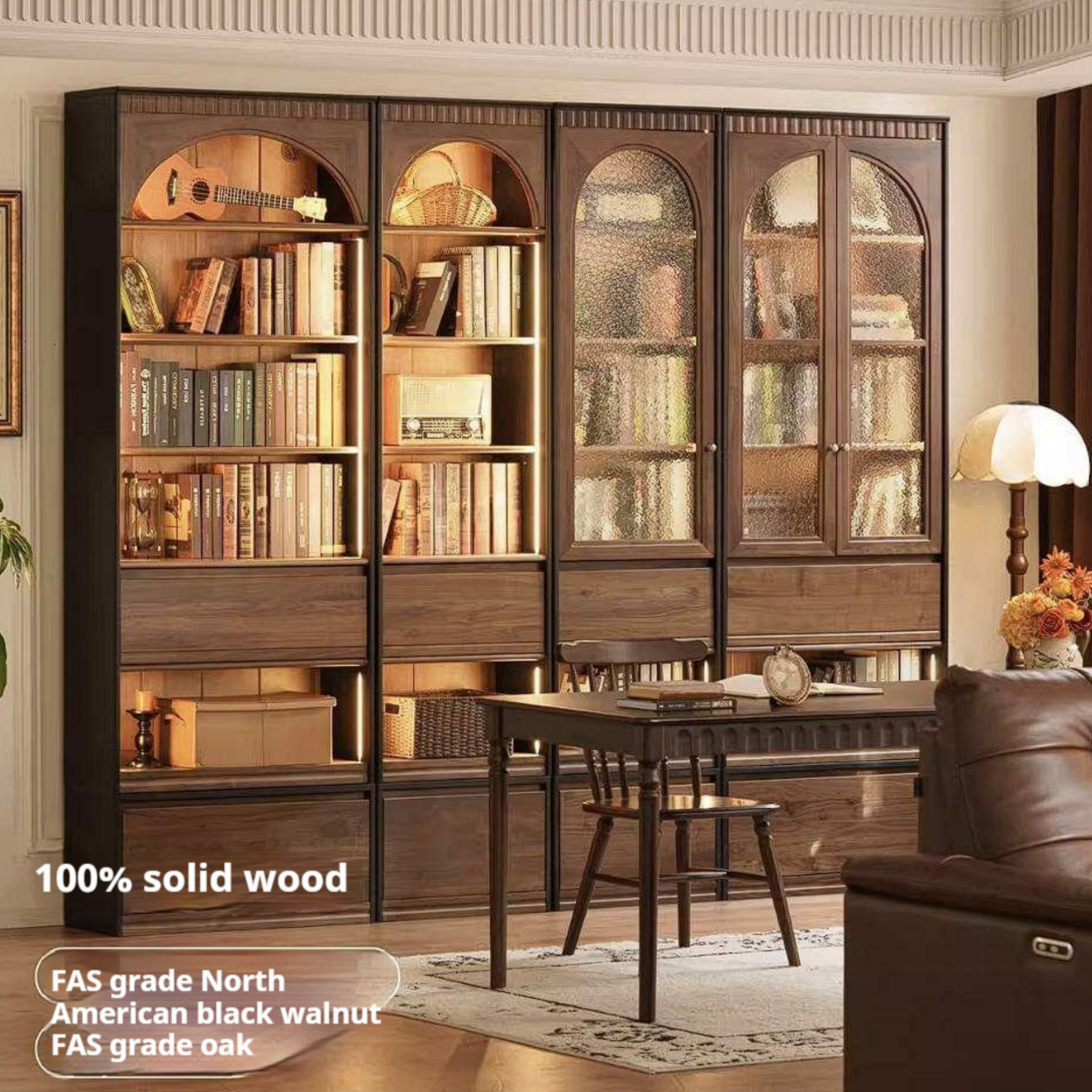 Black Walnut Solid Wood Bookcase with French Retro Display Cabinet