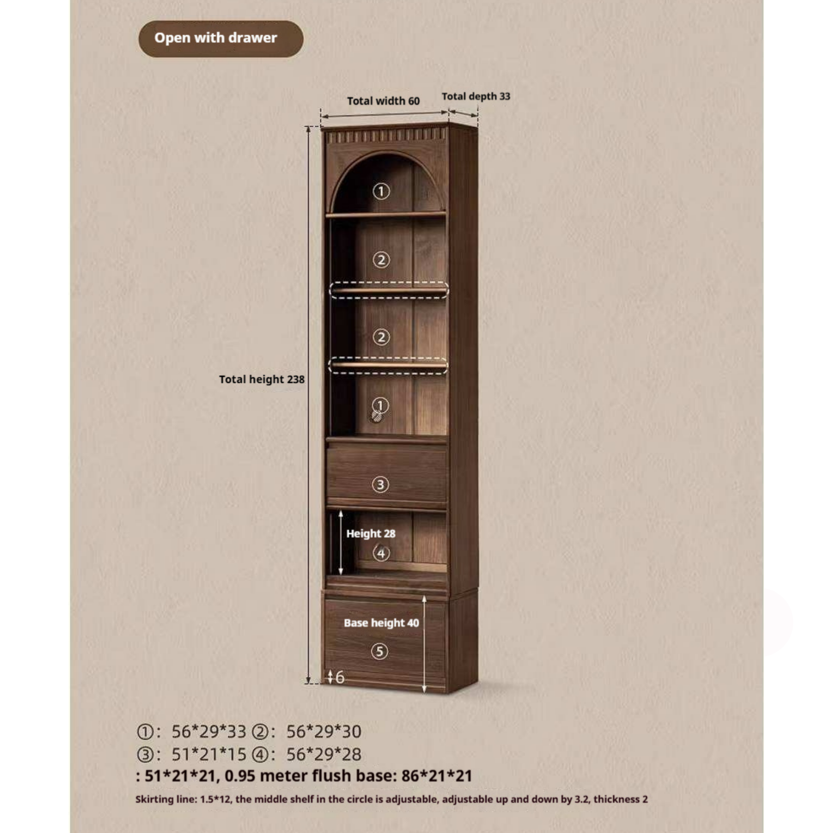 Black Walnut Solid Wood Arched Vintage Bookcase with Glass Door and Storage Drawer