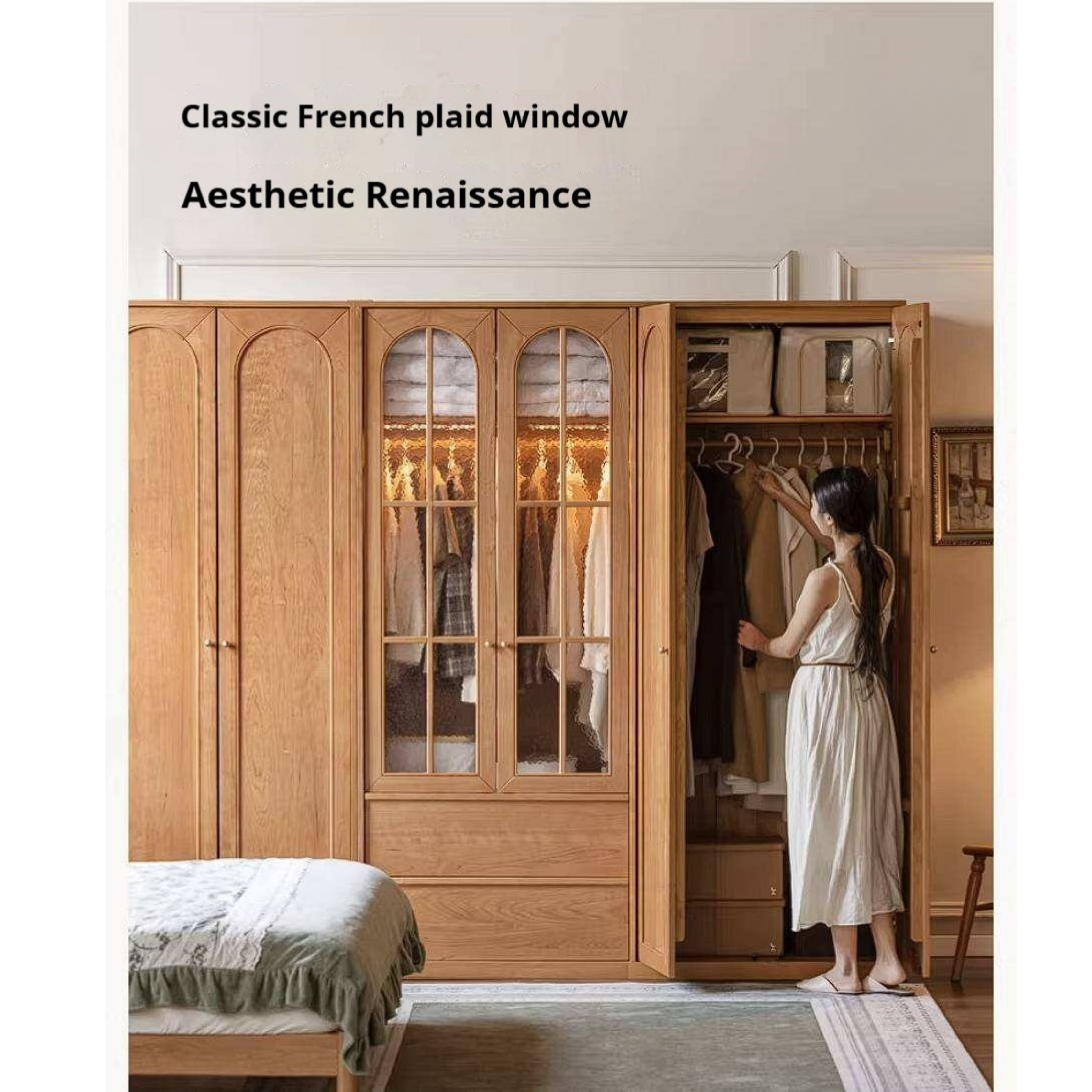 Cherry Solid Wood Wardrobe with French Retro Style Double Door Design