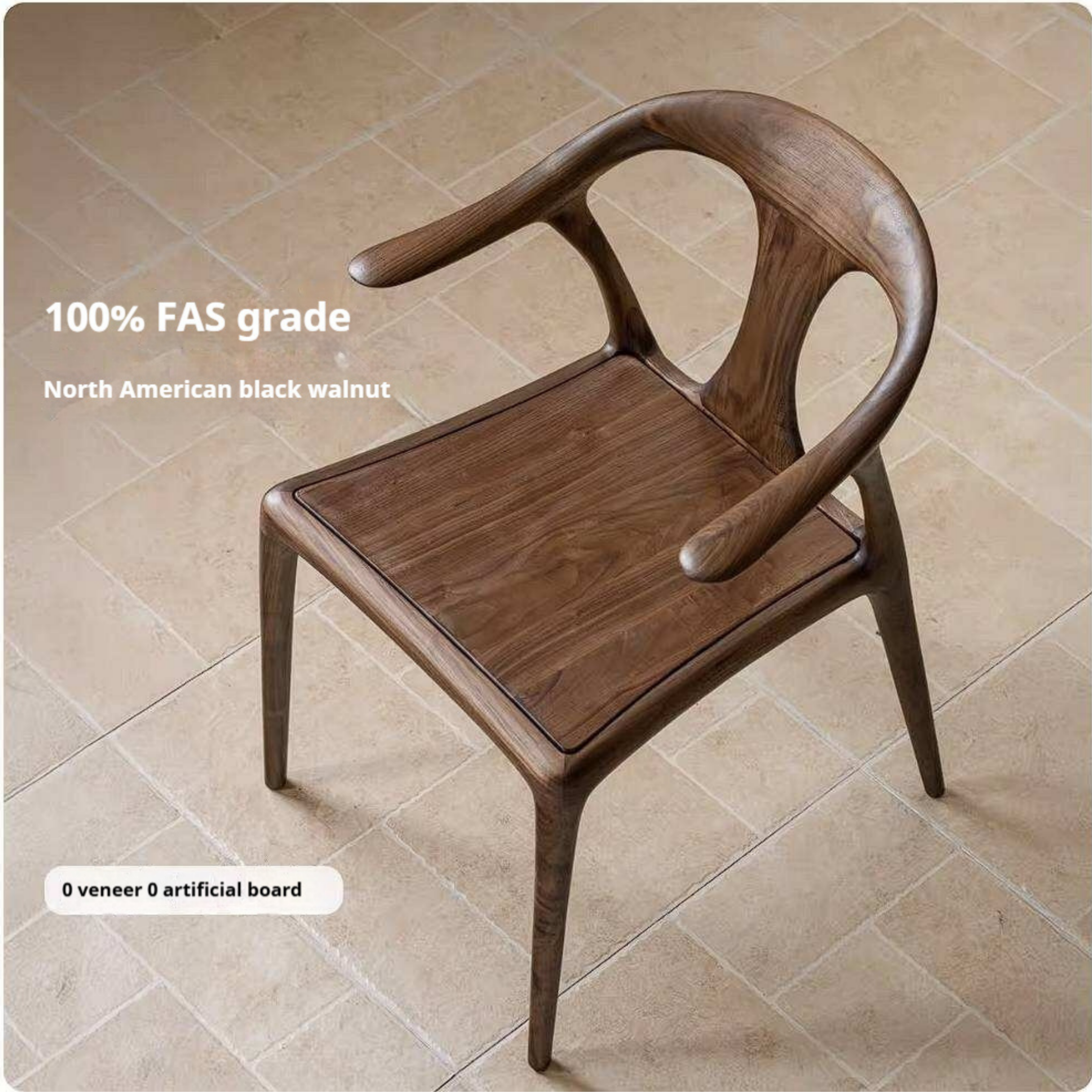 Black Walnut Solid Wood Ox Horn Dining Chair with Carved Curved Armrests