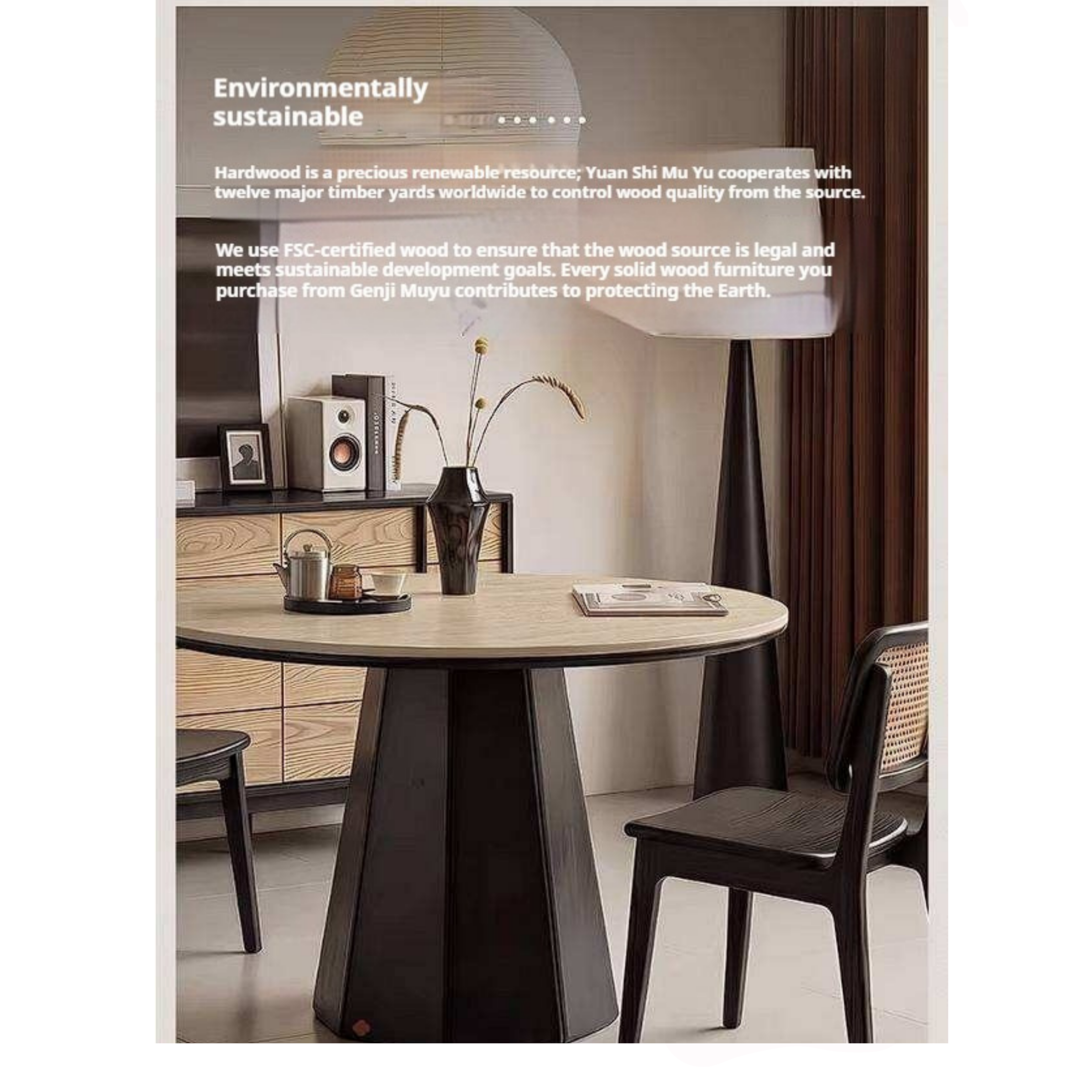 Ash Solid Wood Dining Table with Slate Top, Mid Century Round Design