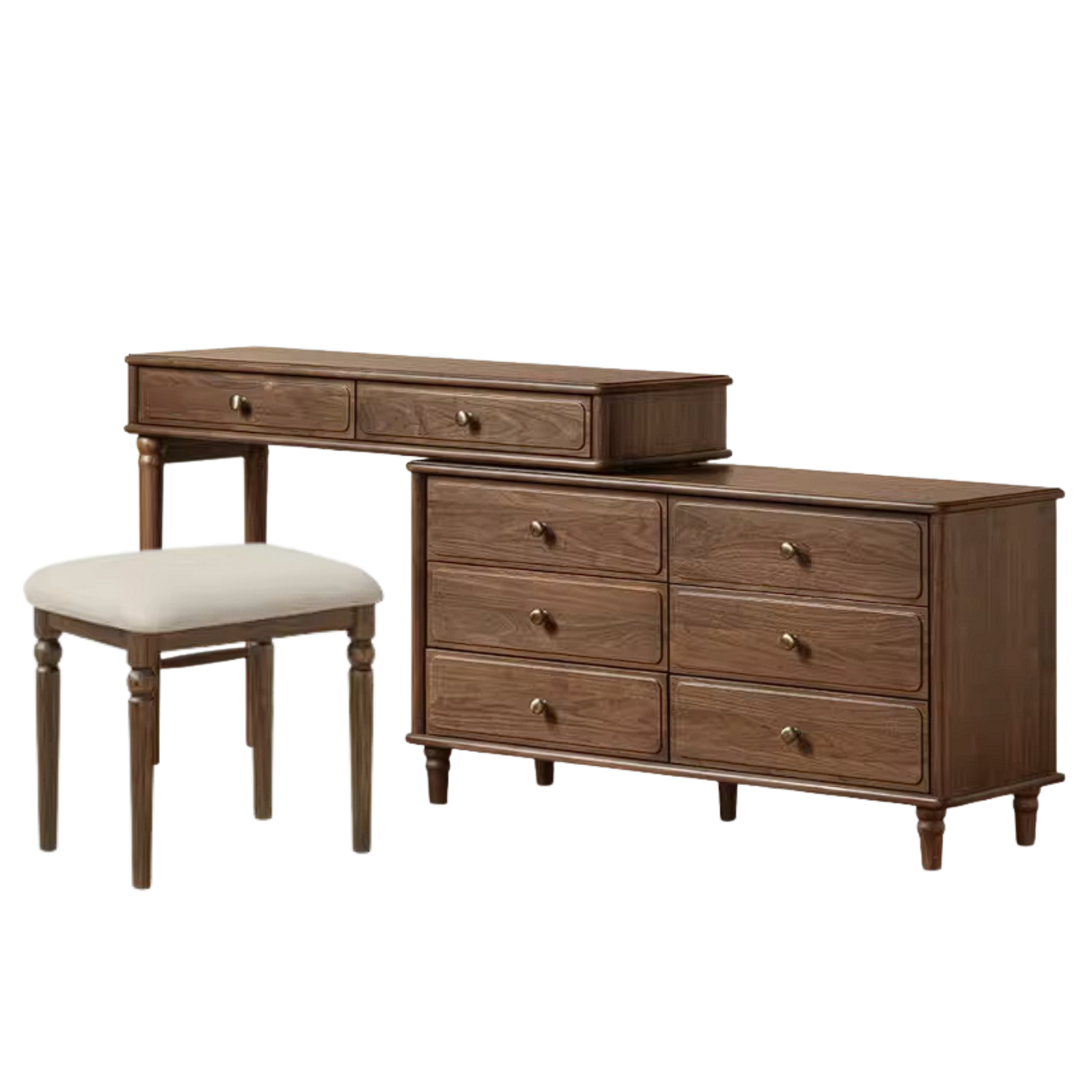 Black Walnut, Oak Solid Wood Extendable Vanity Desk and 6-Drawer Dresser Combo