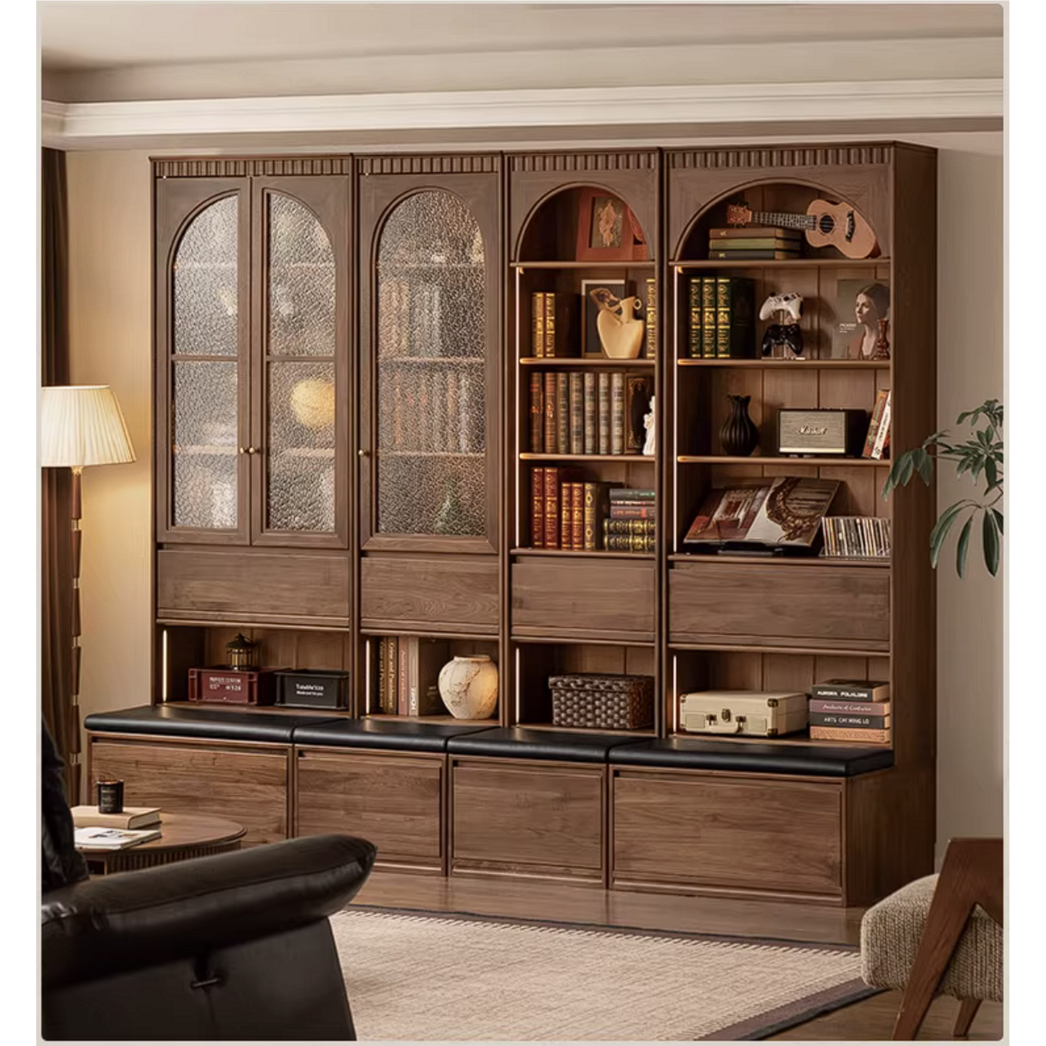 Black Walnut Solid Wood Bookcase with Booth Seating and Display Cabinet