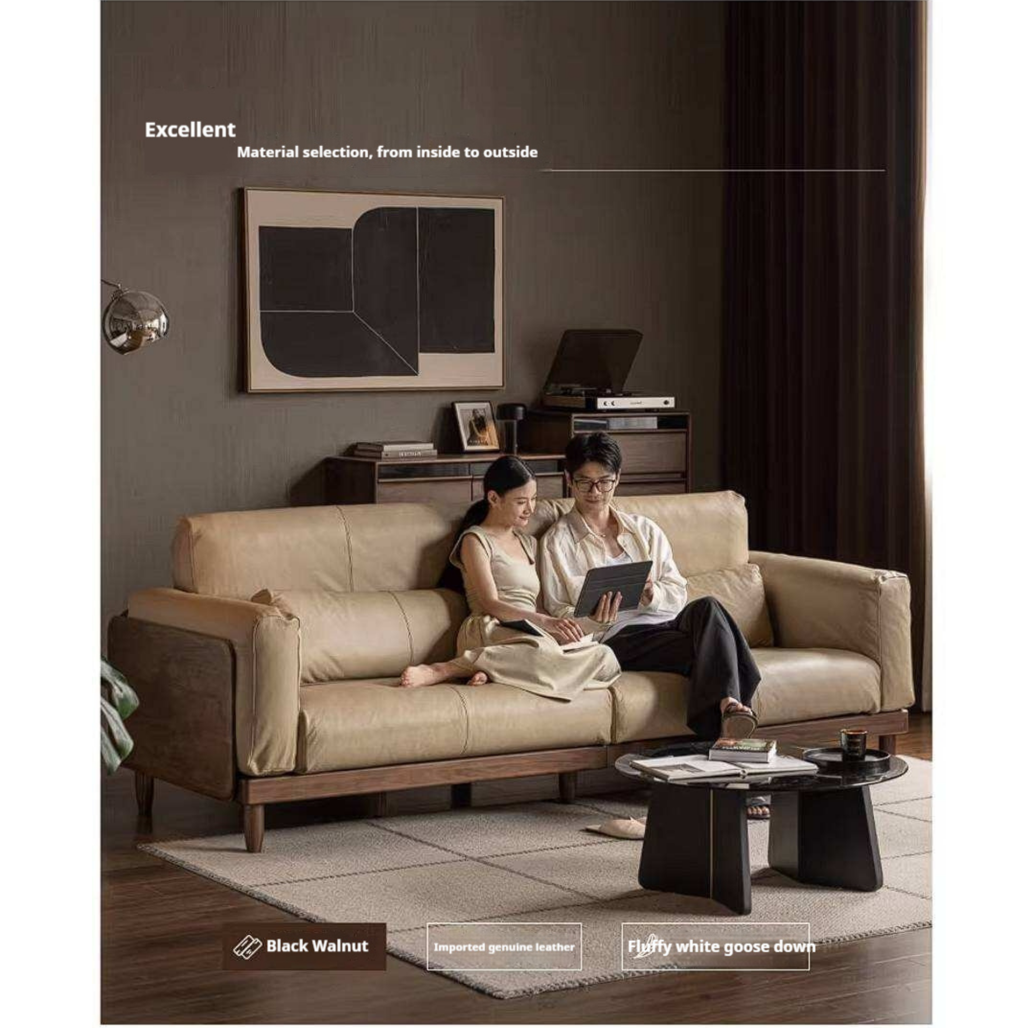Black Walnut, Golden Sandalwood Solid Wood Sofa Genuine leather, fabric
