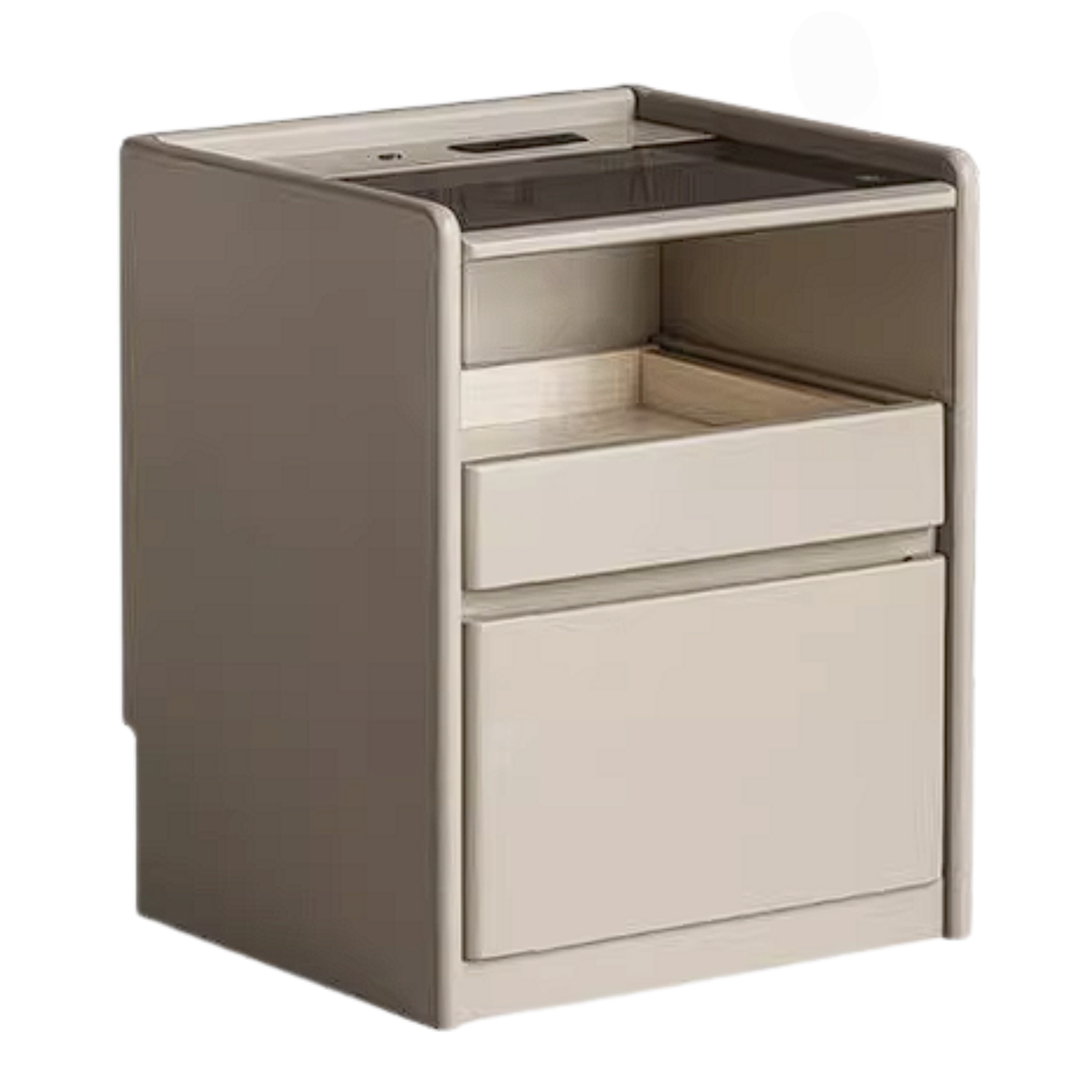 Rubberwood Solid Wood Taupe Nightstand with Tempered Glass Top, Built-In Outlet, and LED-Lit Organizer Drawer