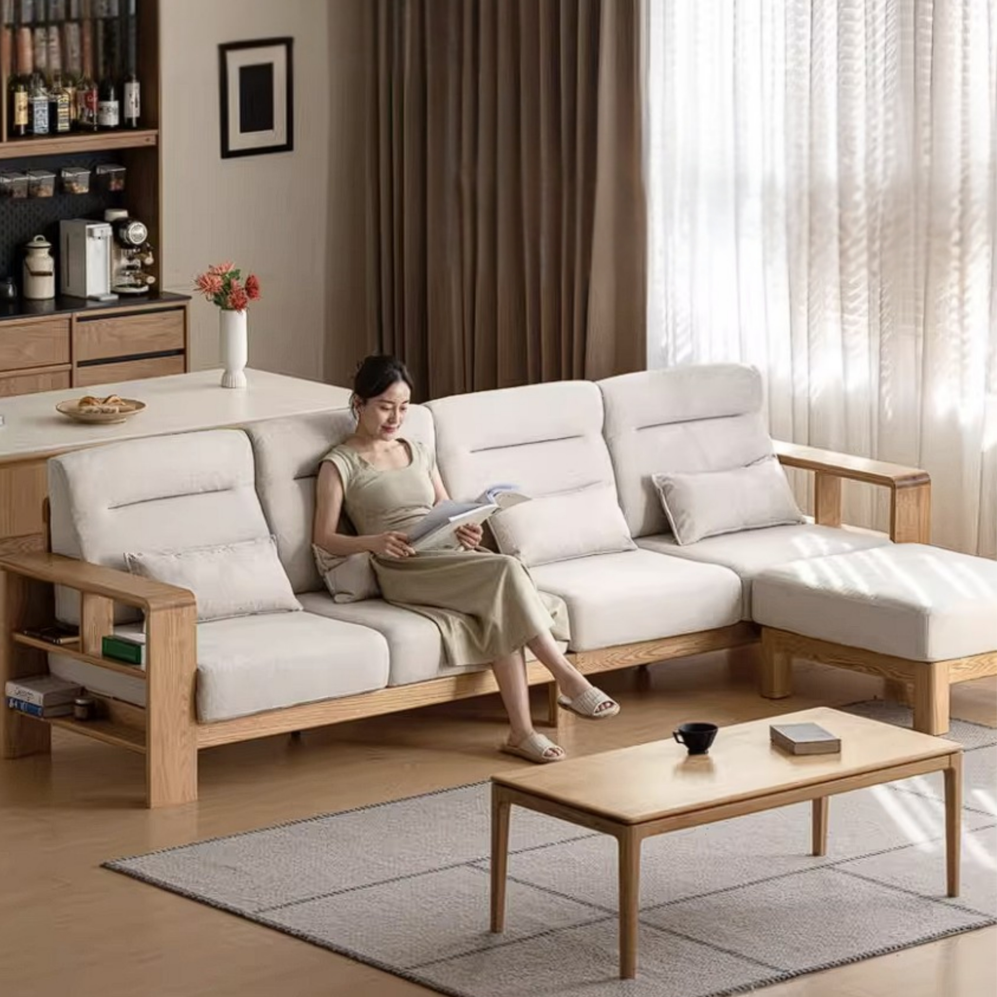 Oak Solid Wood Corner Sofa with Modern Fabric Upholstery