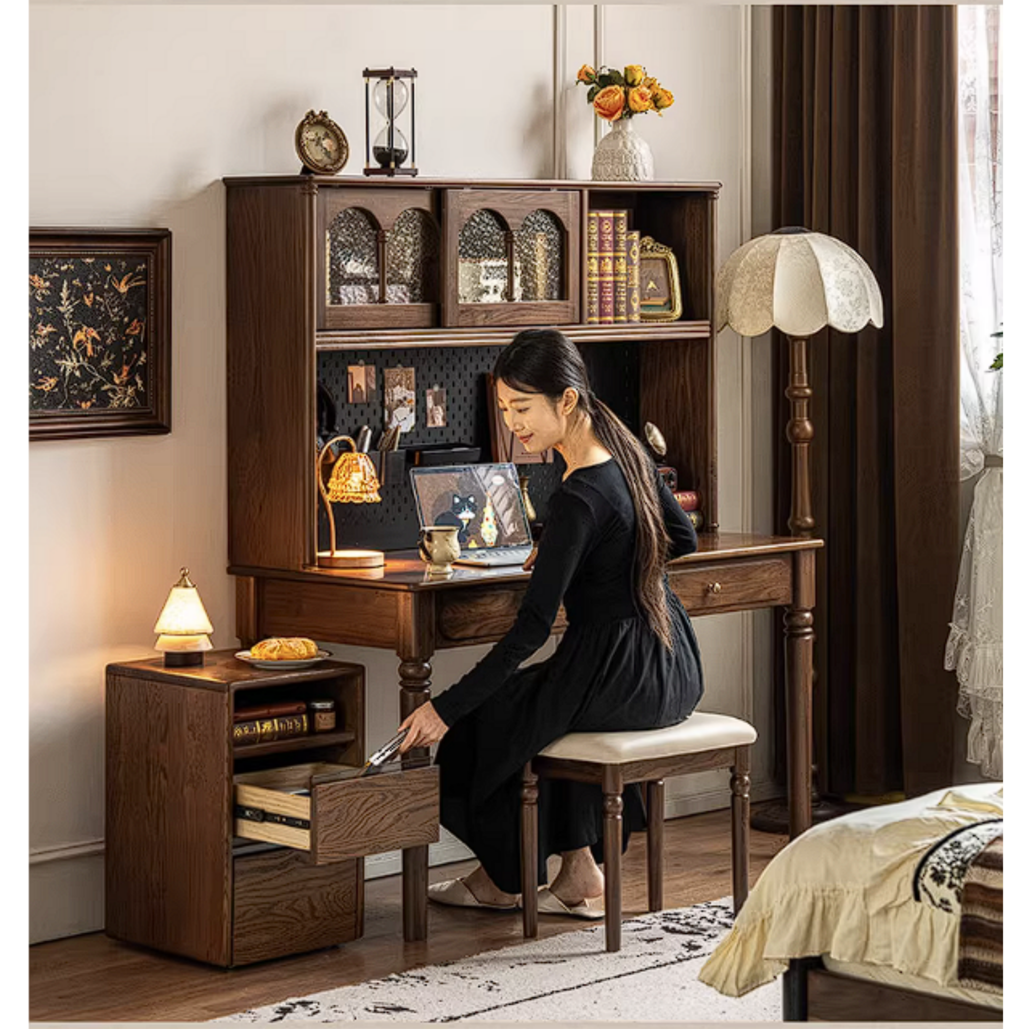 Black Walnut Solid Wood French Vintage Writing Desk with Arched Cane Door Hutch and Turned Spindle Legs