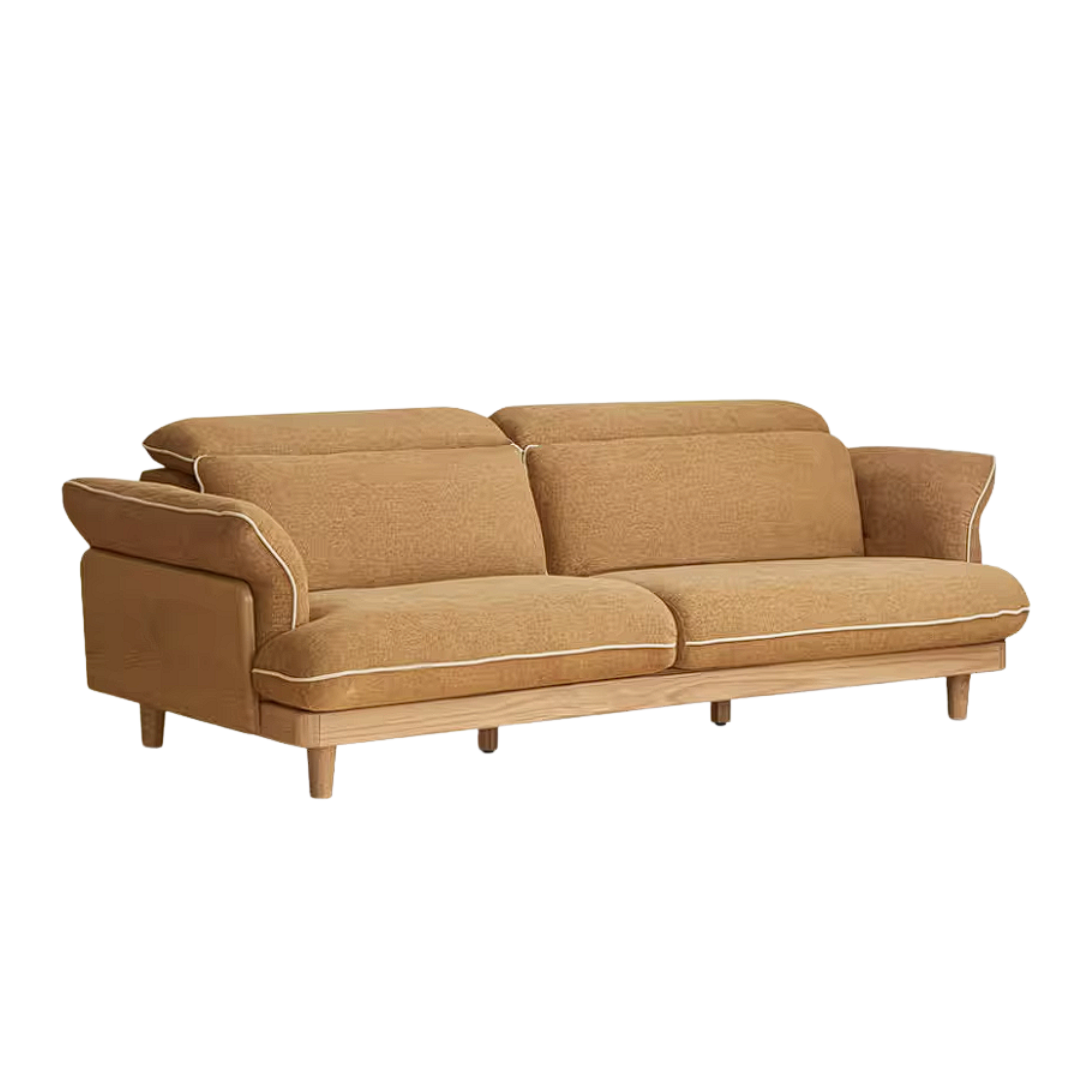 Oak Solid Wood High Back Chenille Sofa with Curved Arms