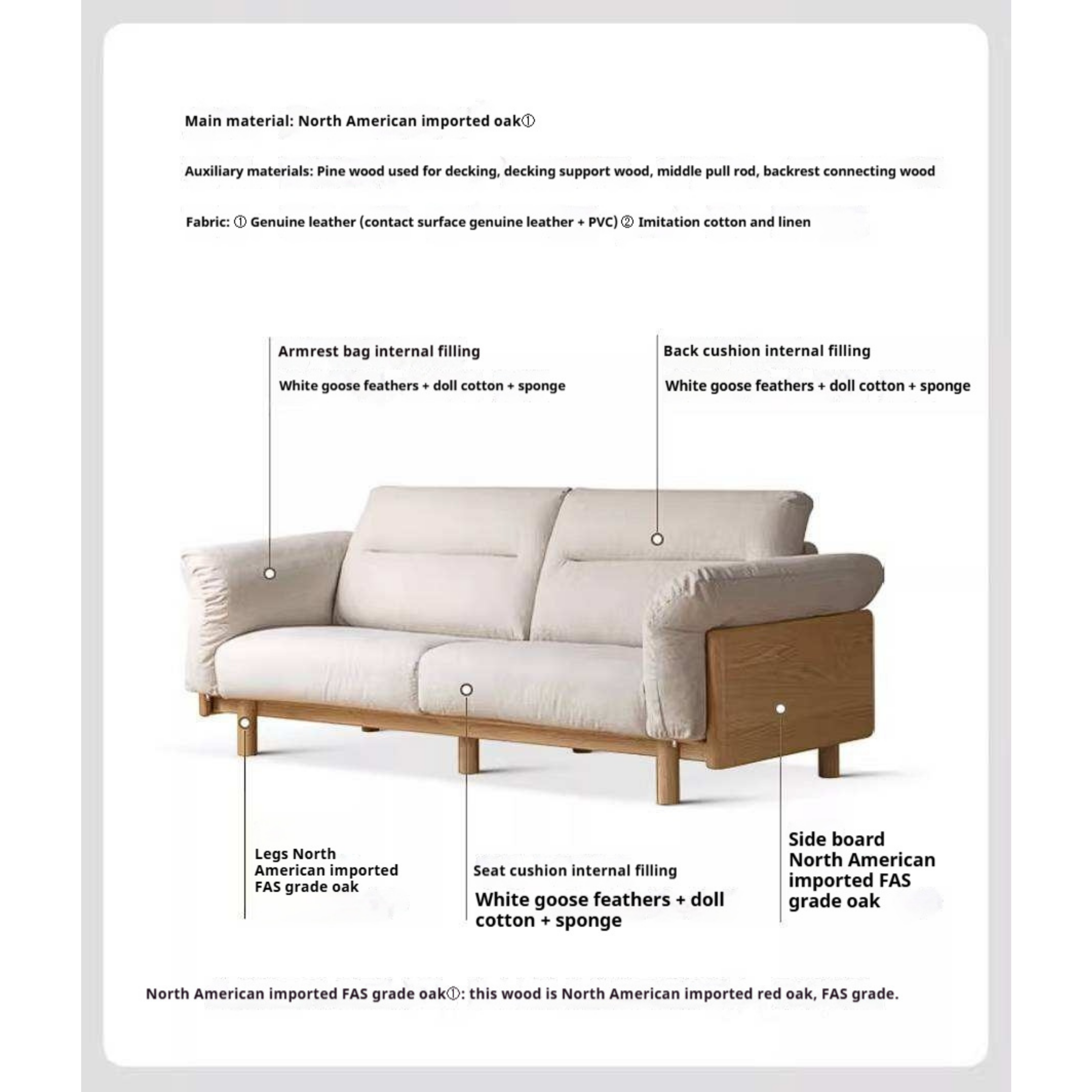 Oak Solid Wood Sofa with Wide Track Arms Genuine leather, fabric, removable and washable