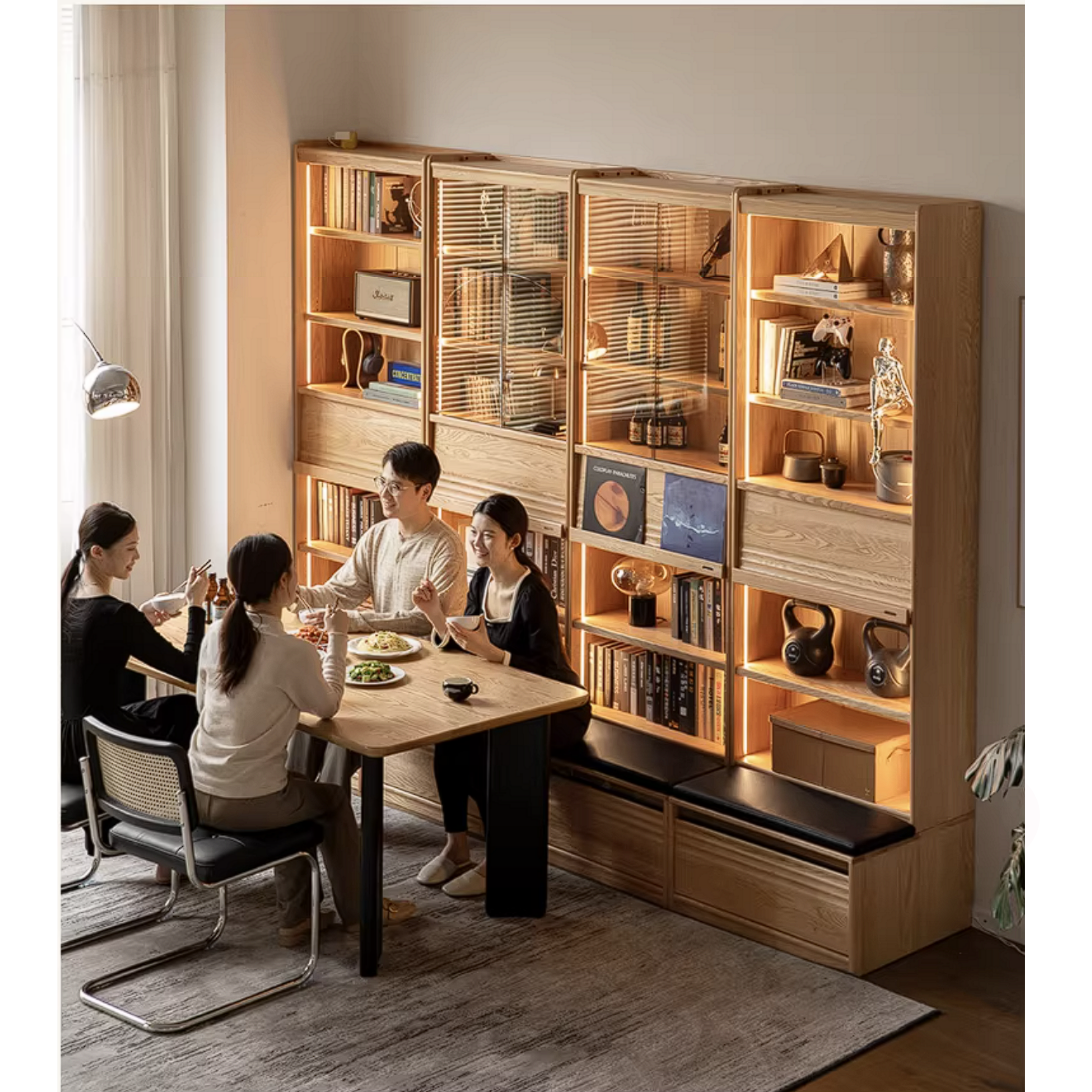 Oak Solid Wood Bookshelf with Integrated Booth Seating