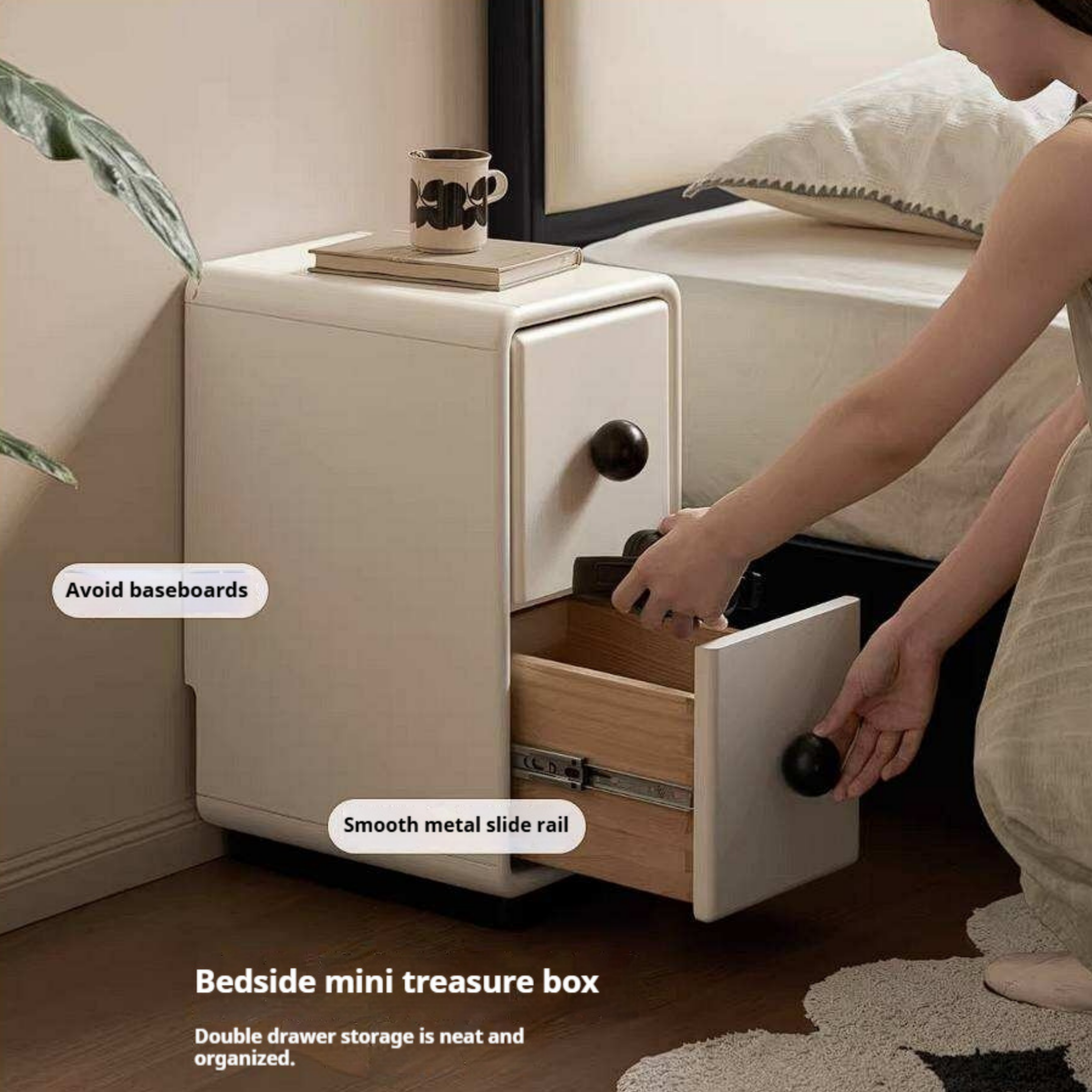 Rubberwood Solid Wood Slim Cream White Nightstand with Rounded Corners and Two Drawers