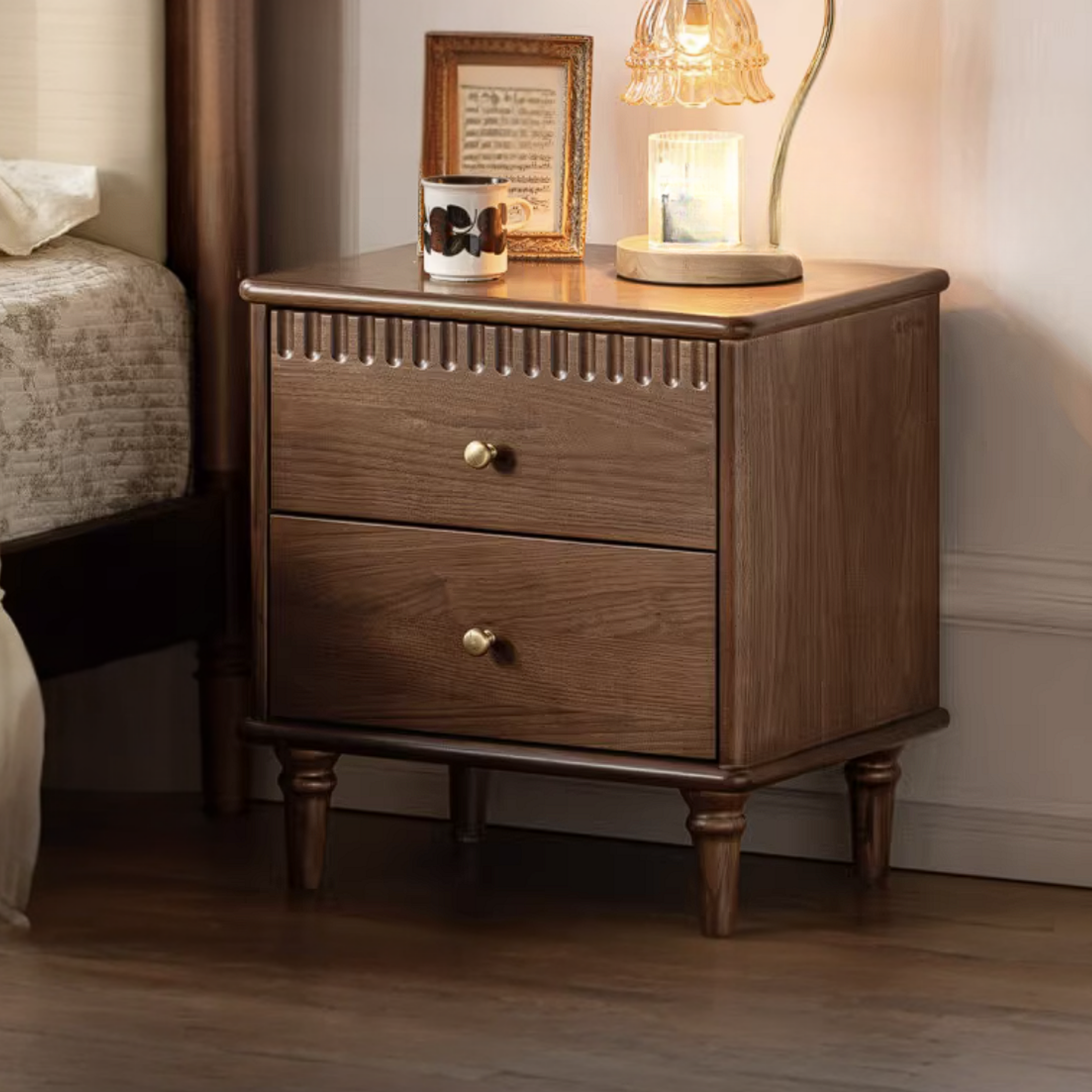 Black Walnut Solid Wood Bedside Table with French Retro Storage