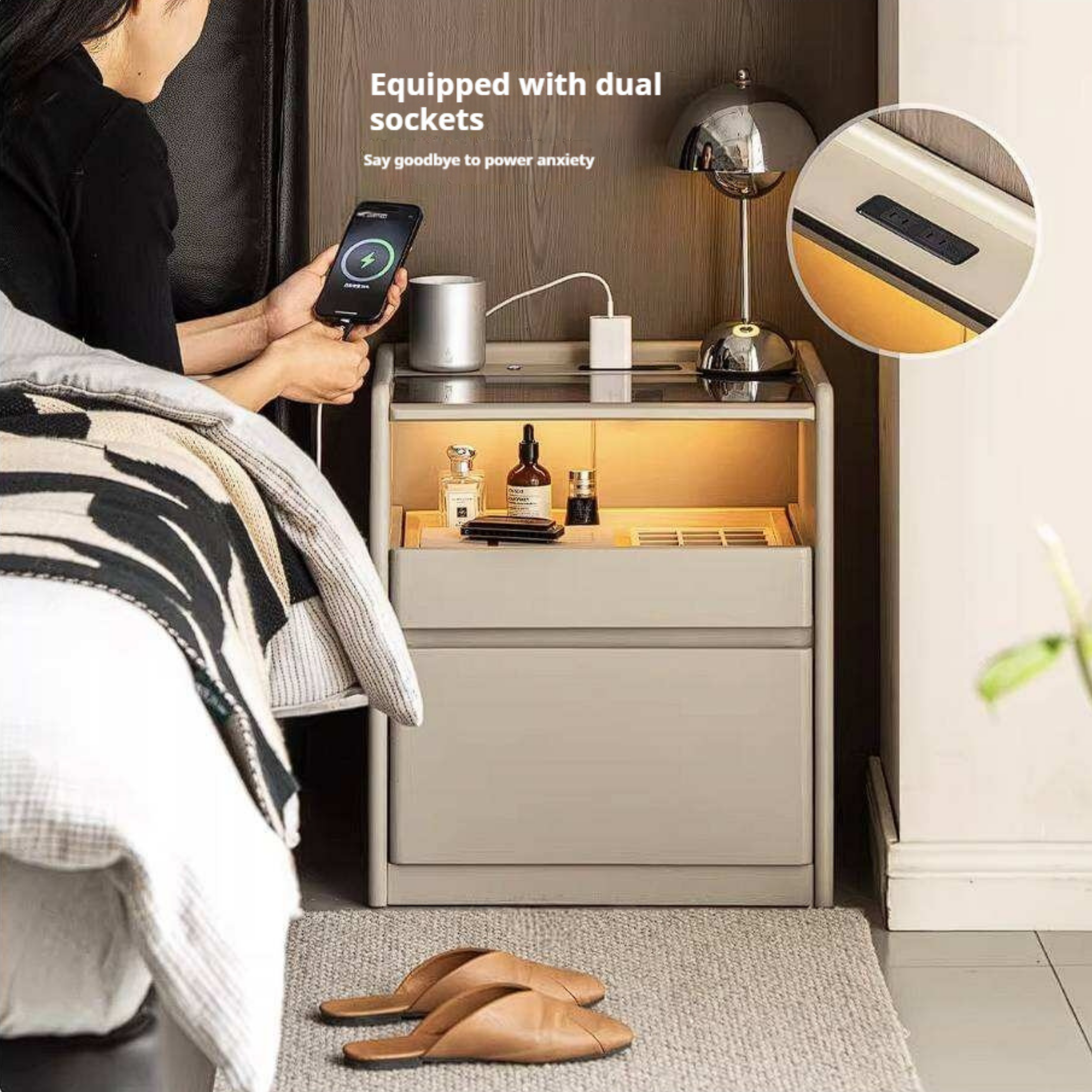 Rubberwood Solid Wood Taupe Nightstand with Tempered Glass Top, Built-In Outlet, and LED-Lit Organizer Drawer
