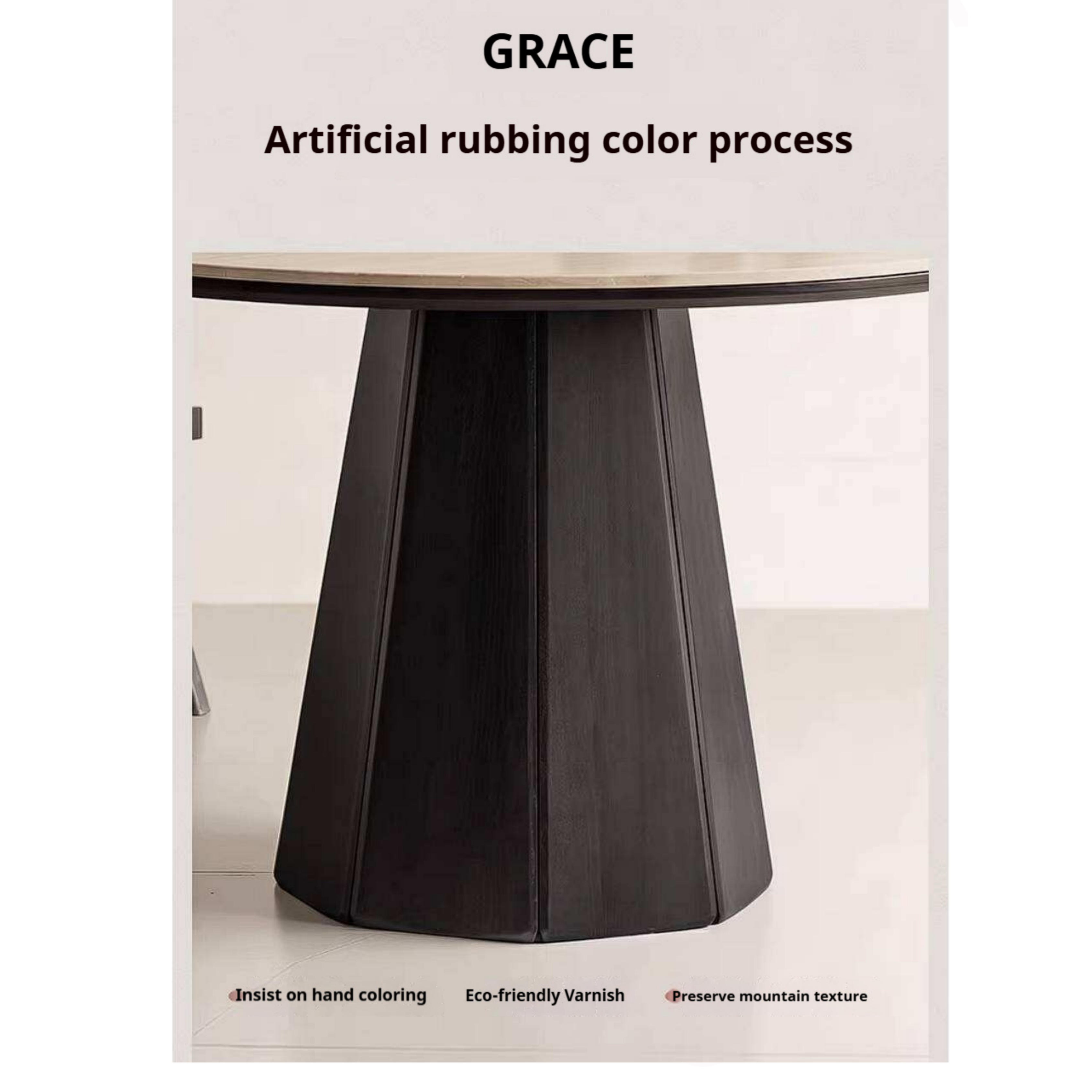 Ash Solid Wood Dining Table with Slate Top, Mid Century Round Design