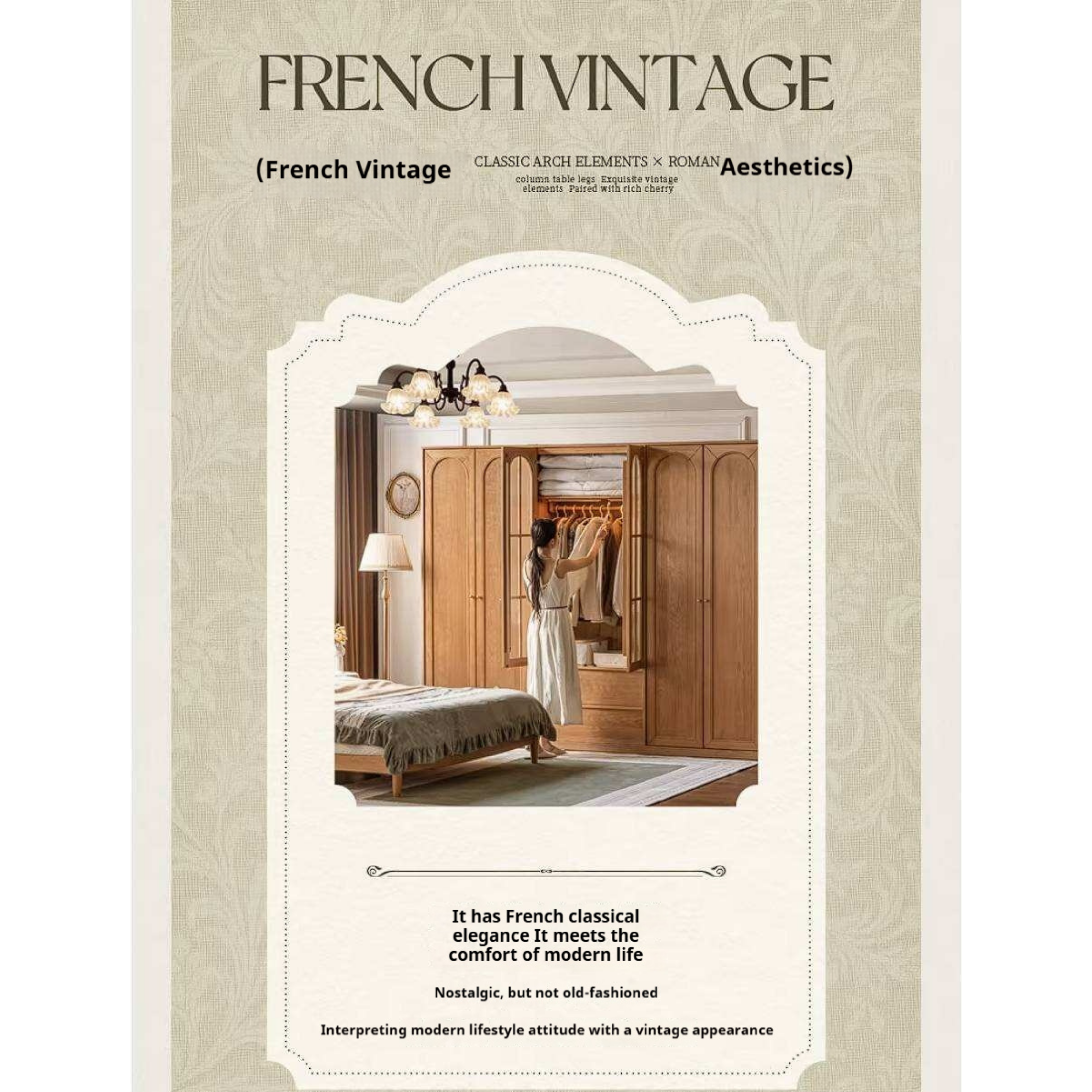 Cherry Solid Wood Wardrobe with French Retro Style Double Door Design