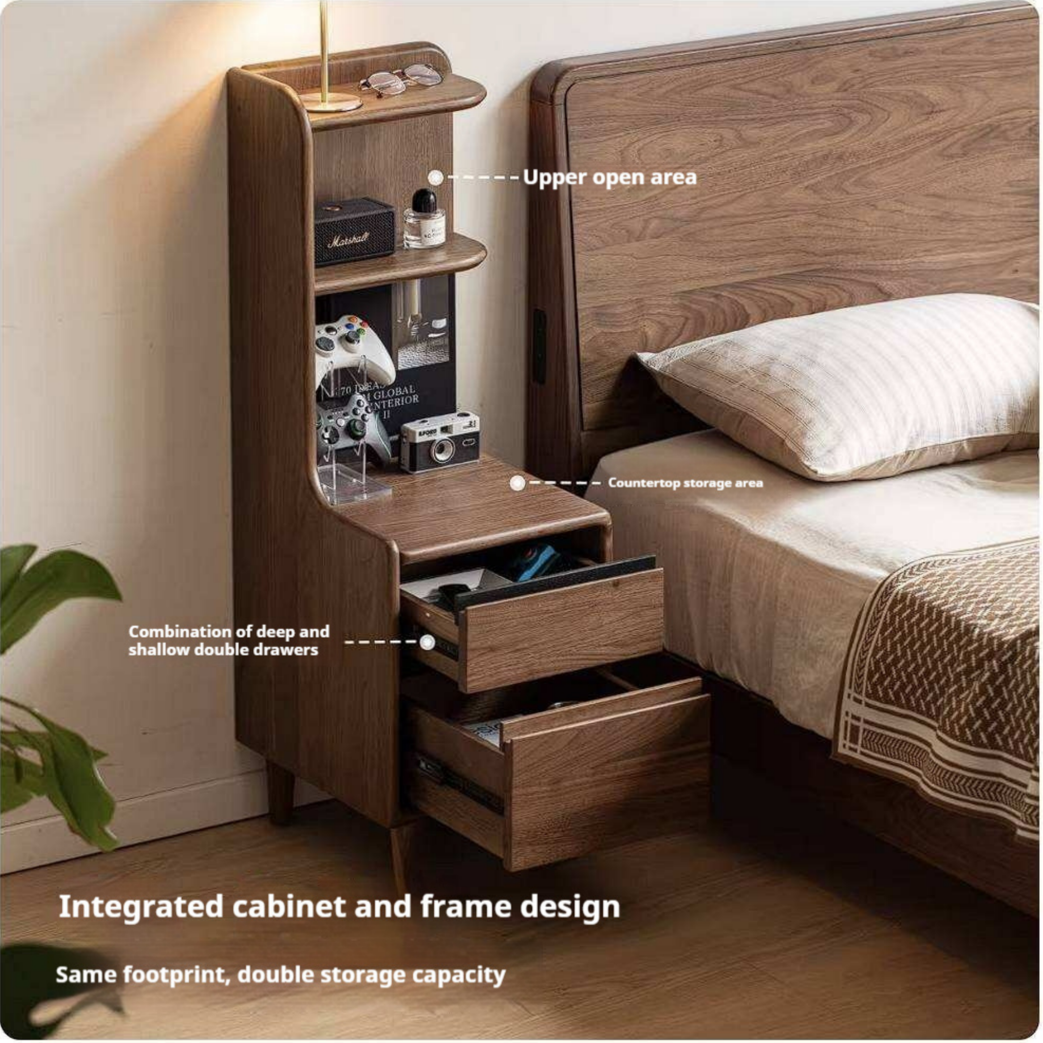 Black Walnut Solid Wood Bedside Table with Drawer and Open Shelf