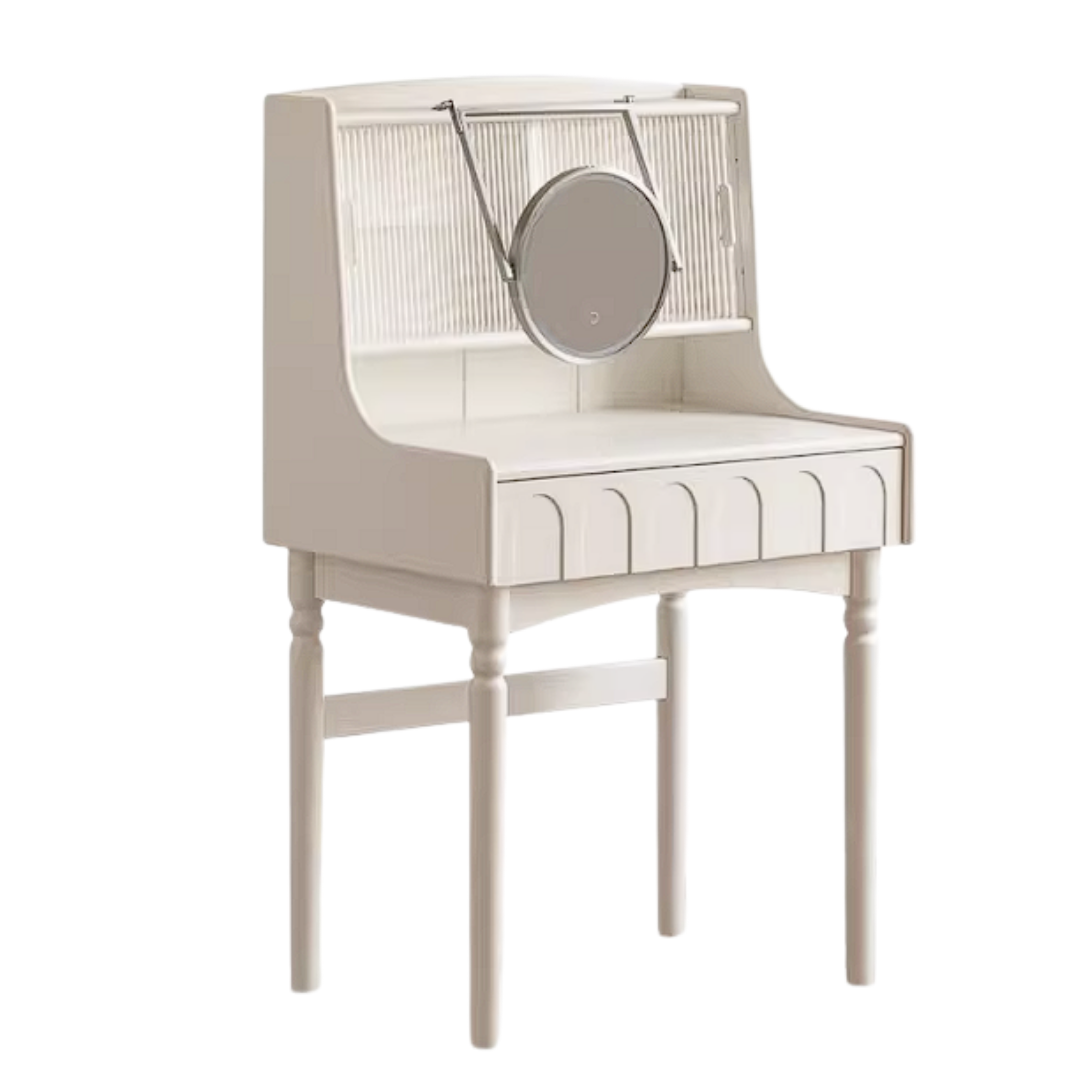 Rubberwood Solid Wood French Retro Vanity Desk with Lighted Storage Mirror and Drawers